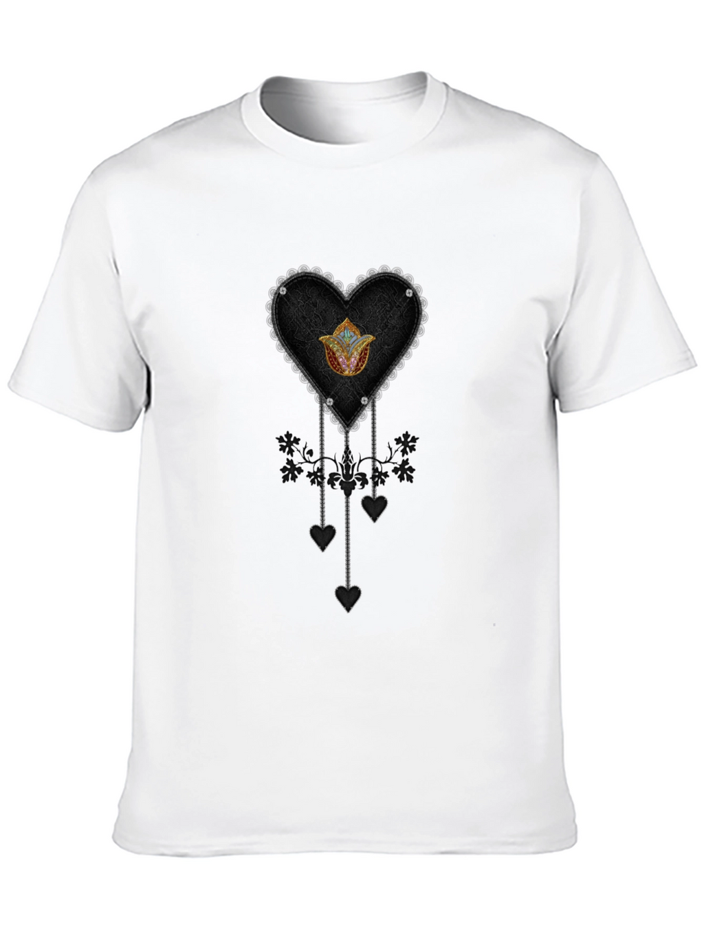 Gothic Heart & Floral Emblem Black T-Shirt