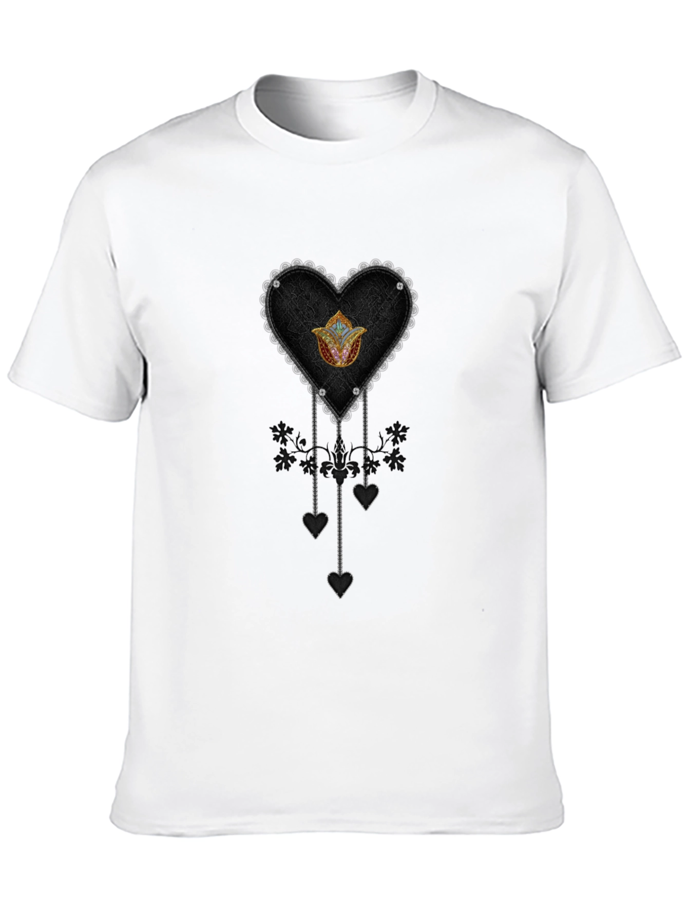 Gothic Heart & Floral Emblem Black T-Shirt