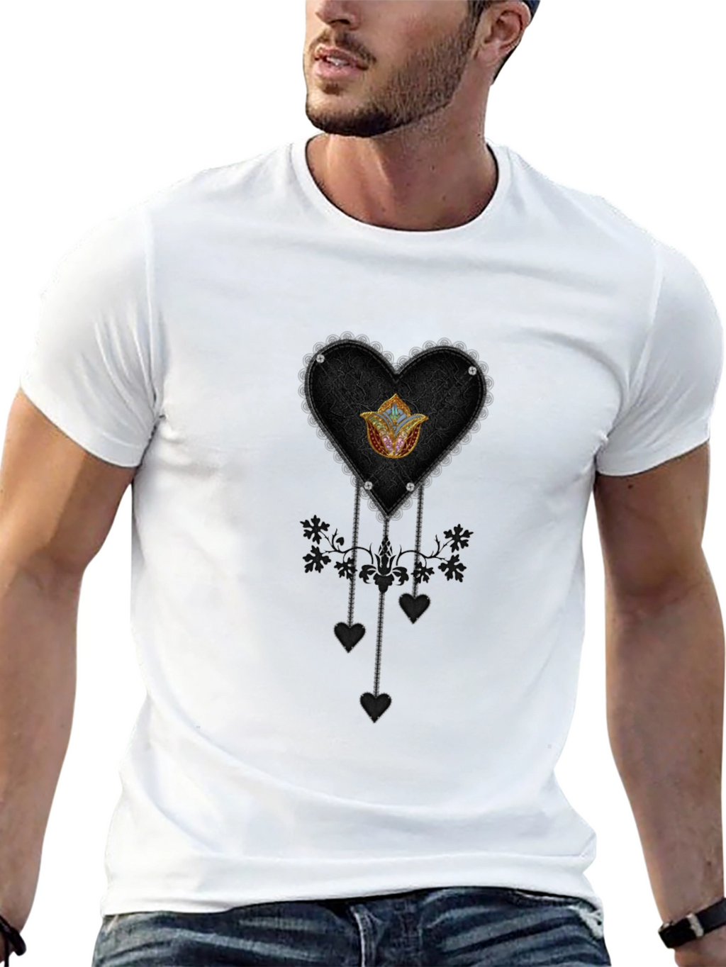 Gothic Heart & Floral Emblem Black T-Shirt