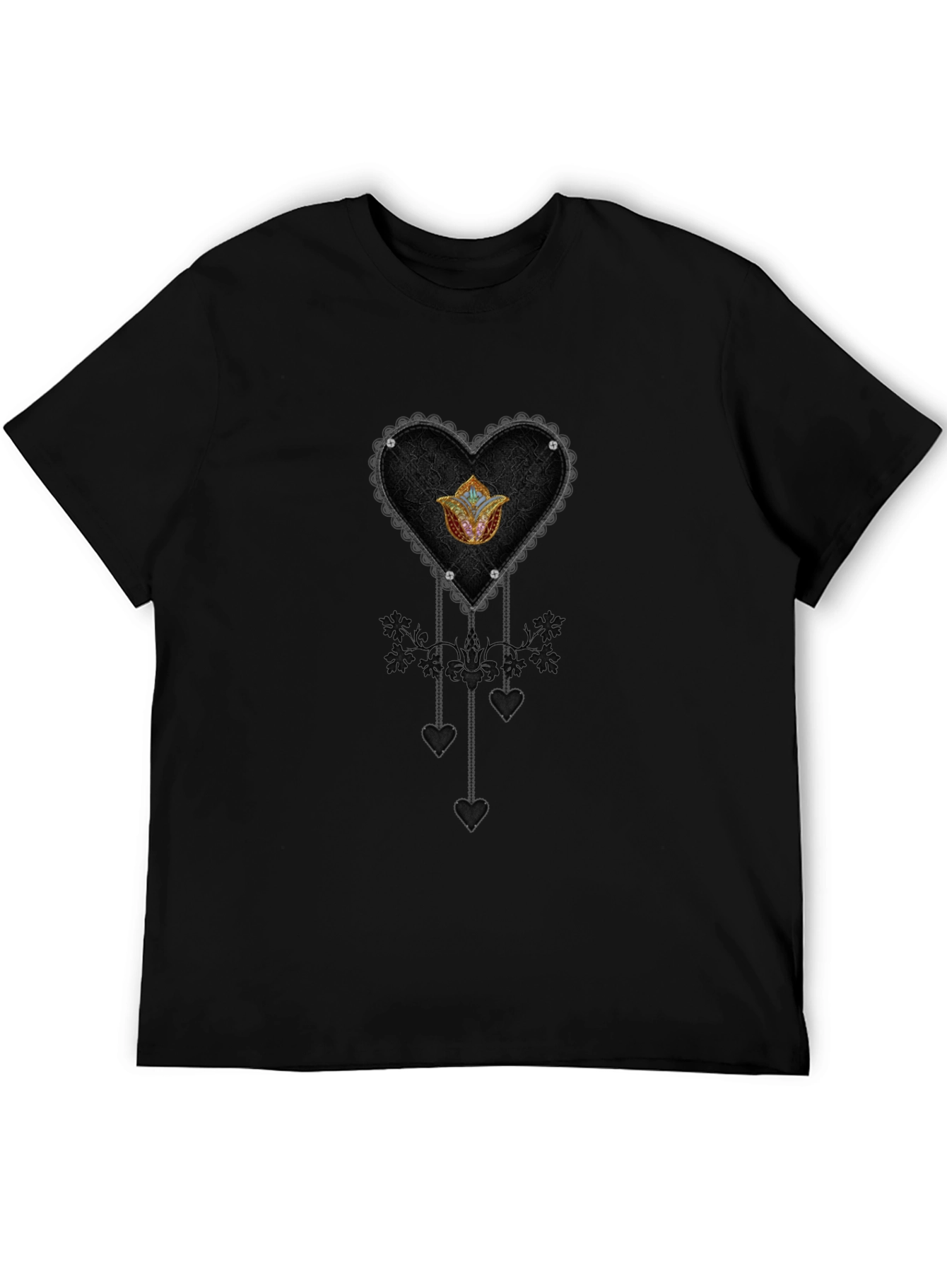 Gothic Heart & Floral Emblem Black T-Shirt