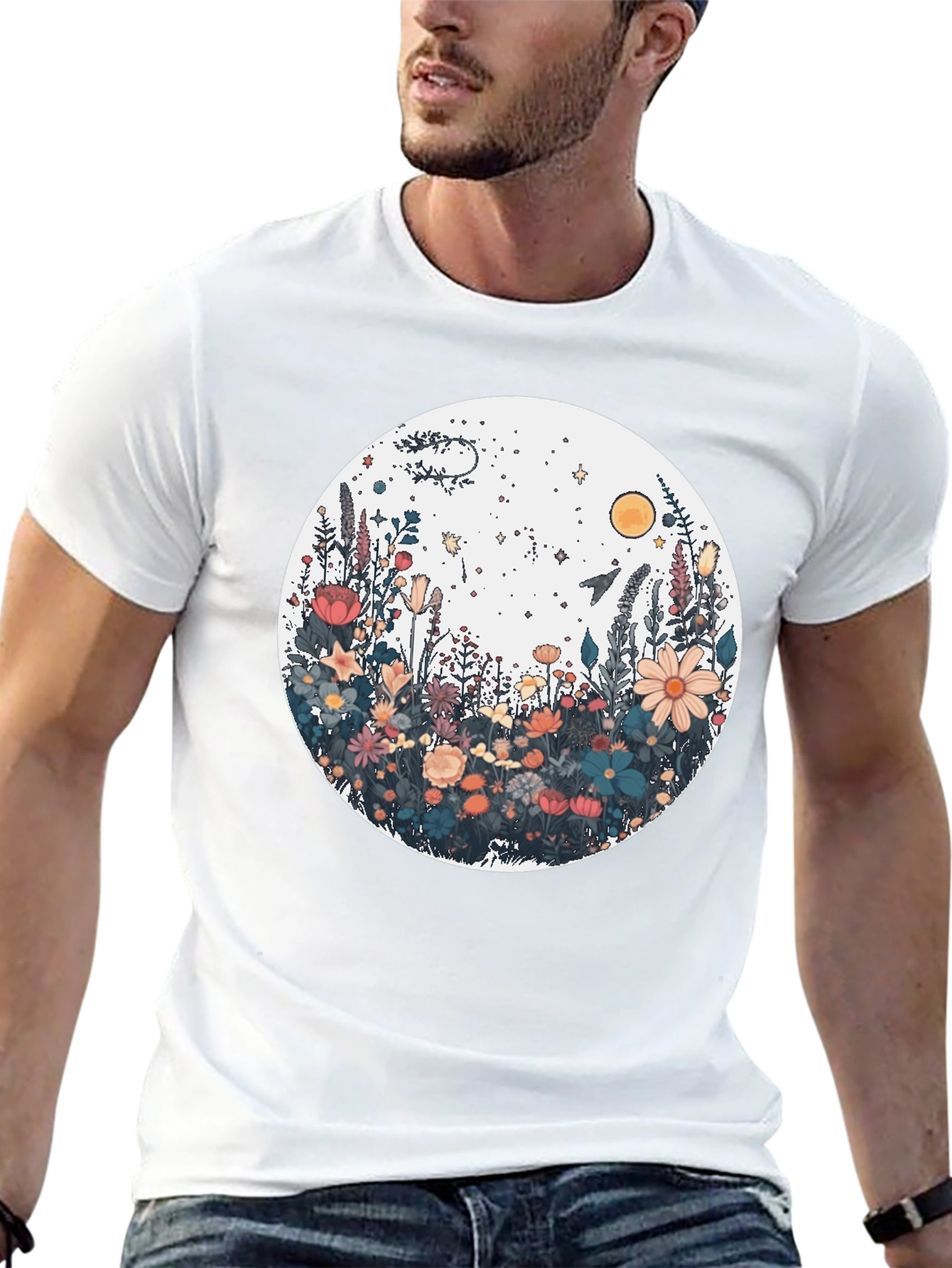 Floral Galaxy Graphic Tee - Stylish Unisex Black T-Shirt