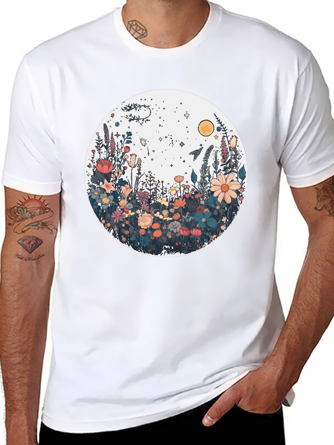 Floral Galaxy Graphic Tee - Stylish Unisex Black T-Shirt