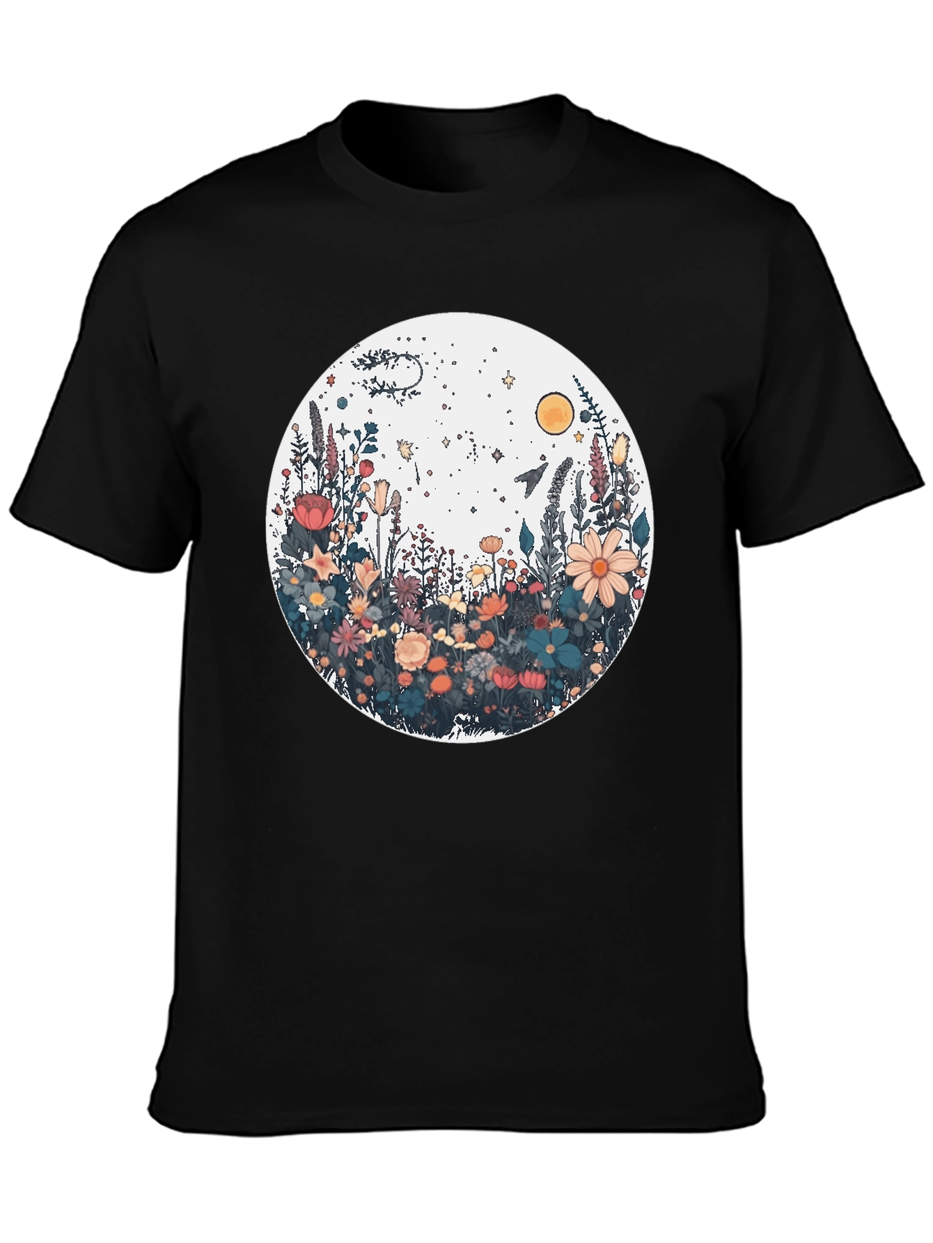 Floral Galaxy Graphic Tee - Stylish Unisex Black T-Shirt