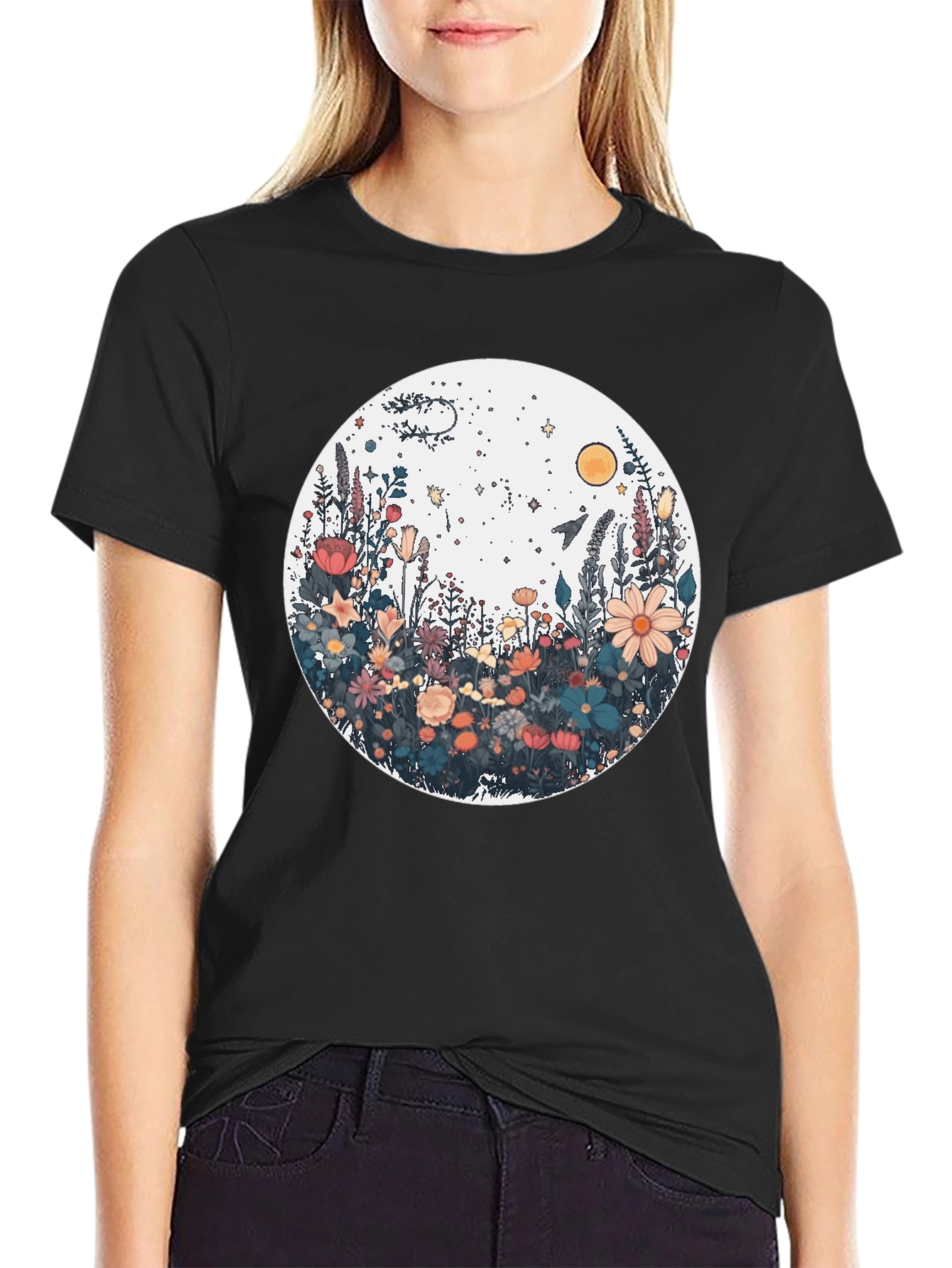 Floral Galaxy Graphic Tee - Stylish Unisex Black T-Shirt