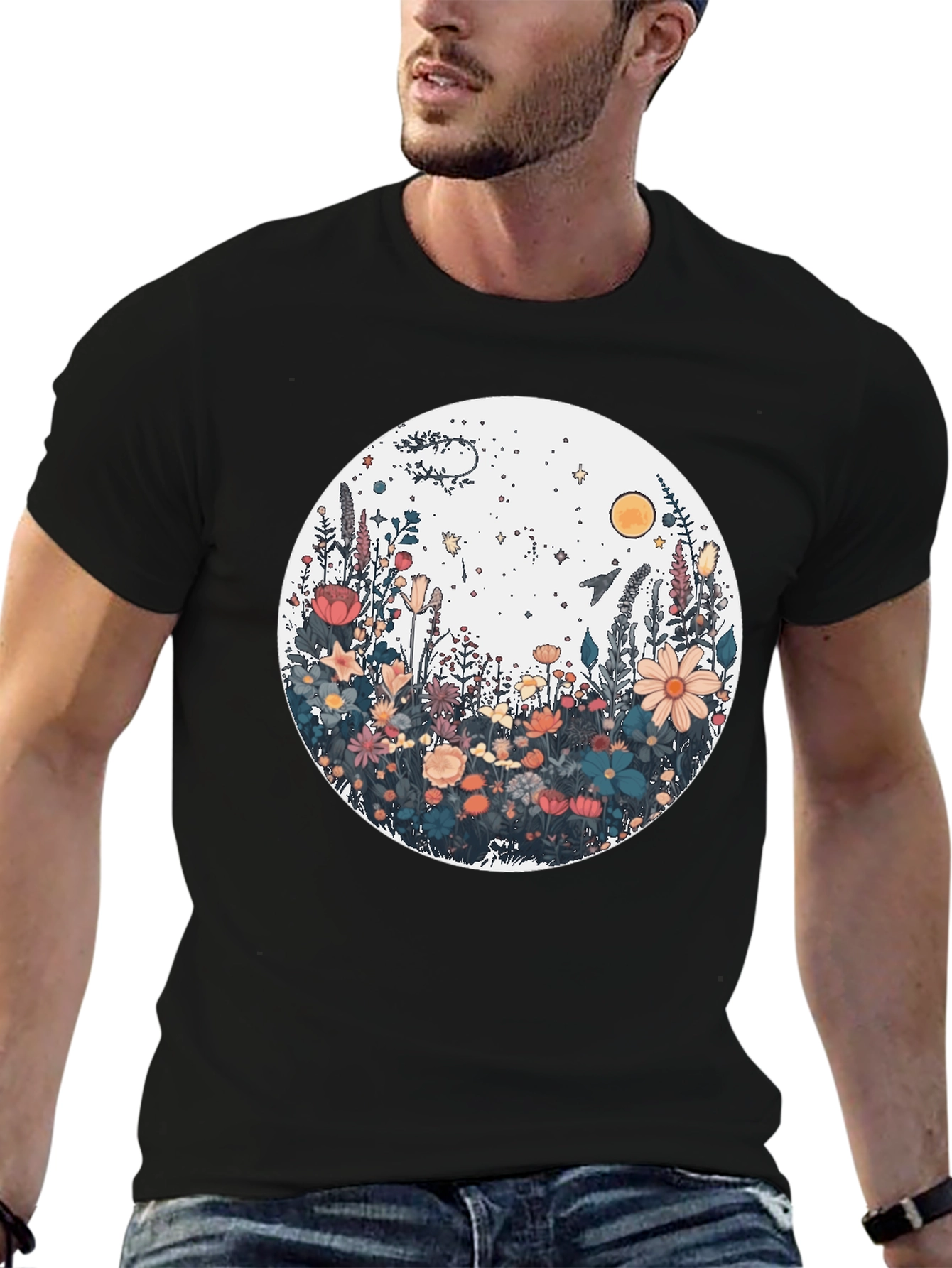 Floral Galaxy Graphic Tee - Stylish Unisex Black T-Shirt