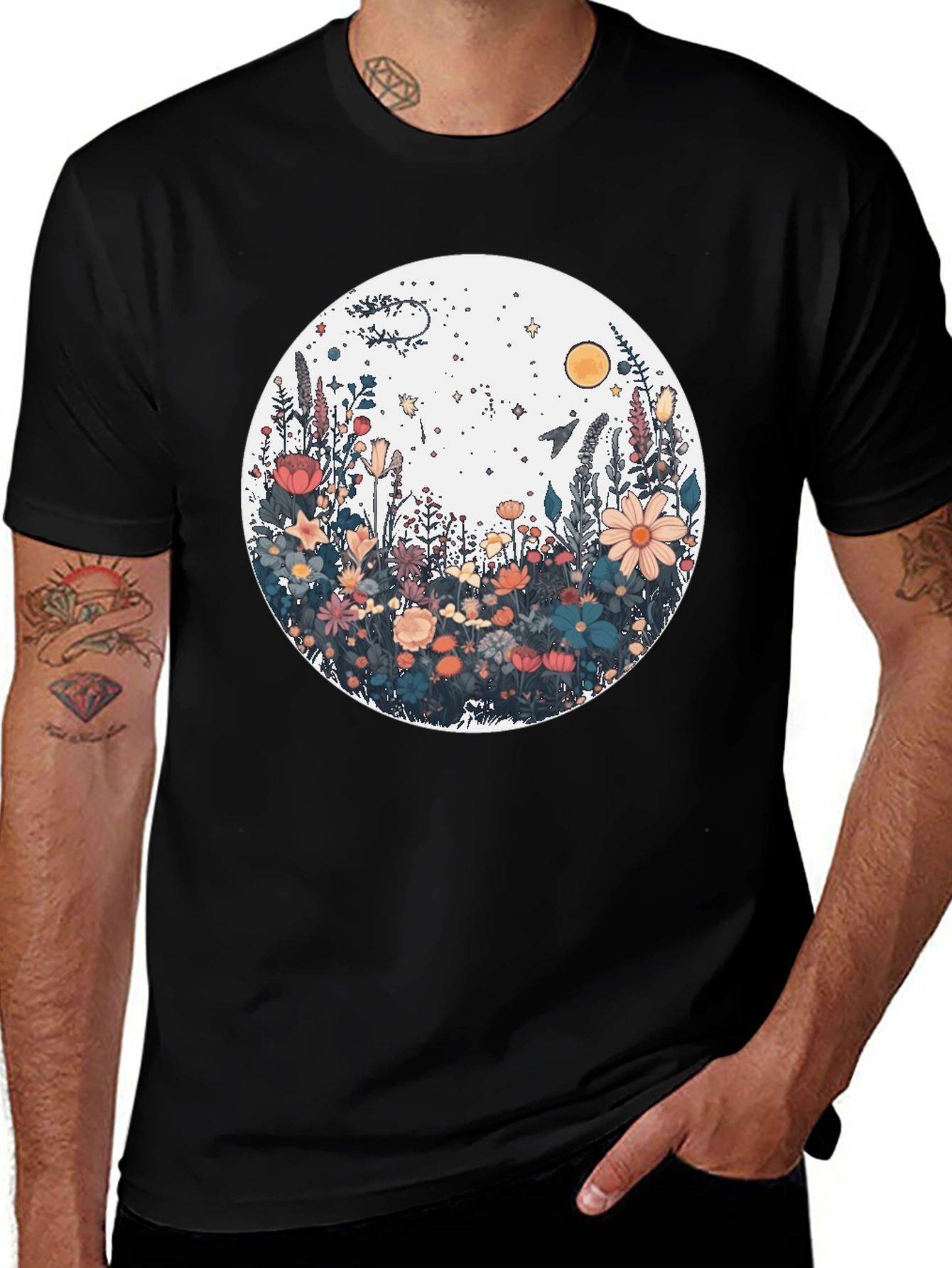 Floral Galaxy Graphic Tee - Stylish Unisex Black T-Shirt