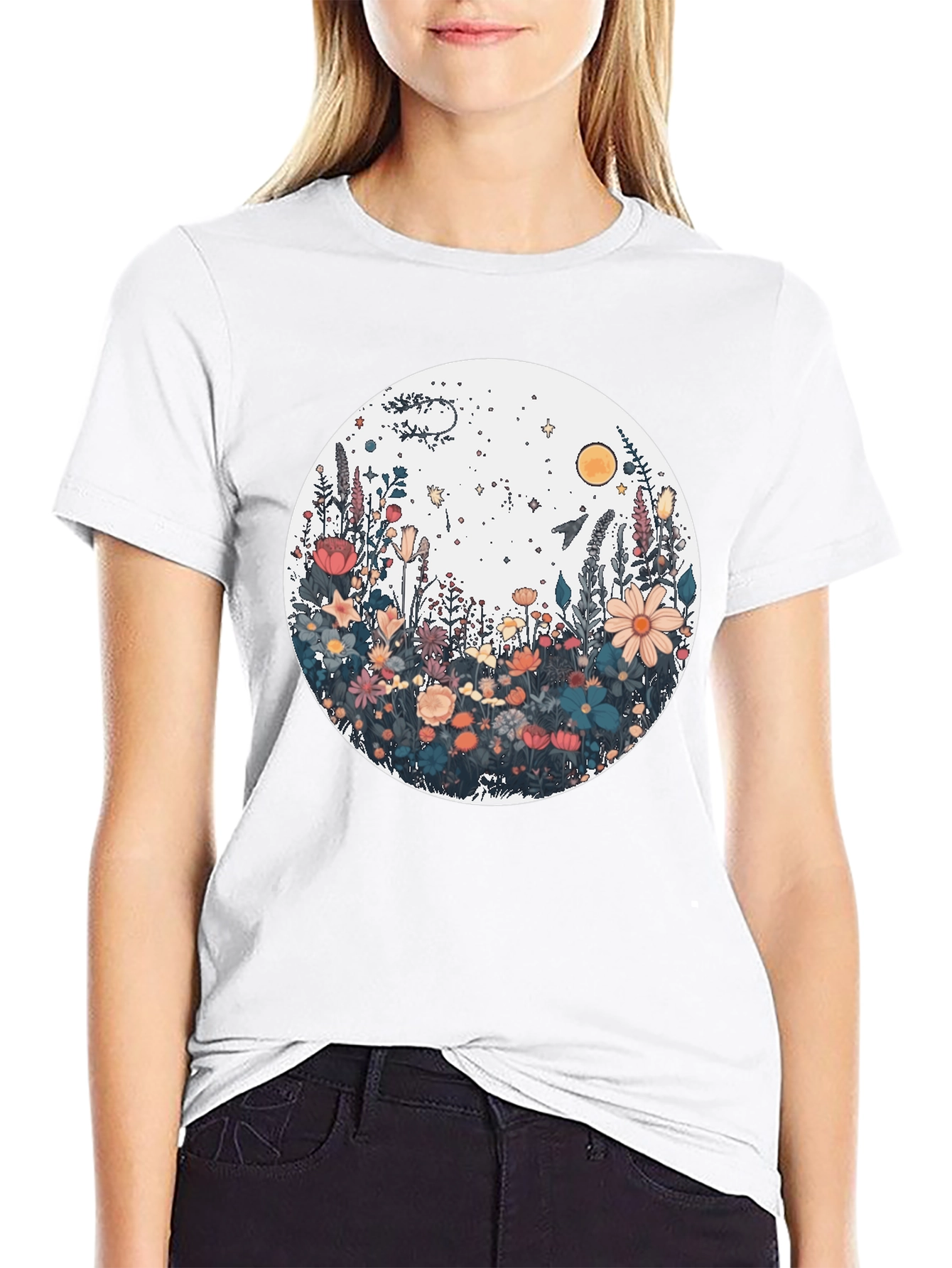 Floral Galaxy Graphic Tee - Stylish Unisex Black T-Shirt