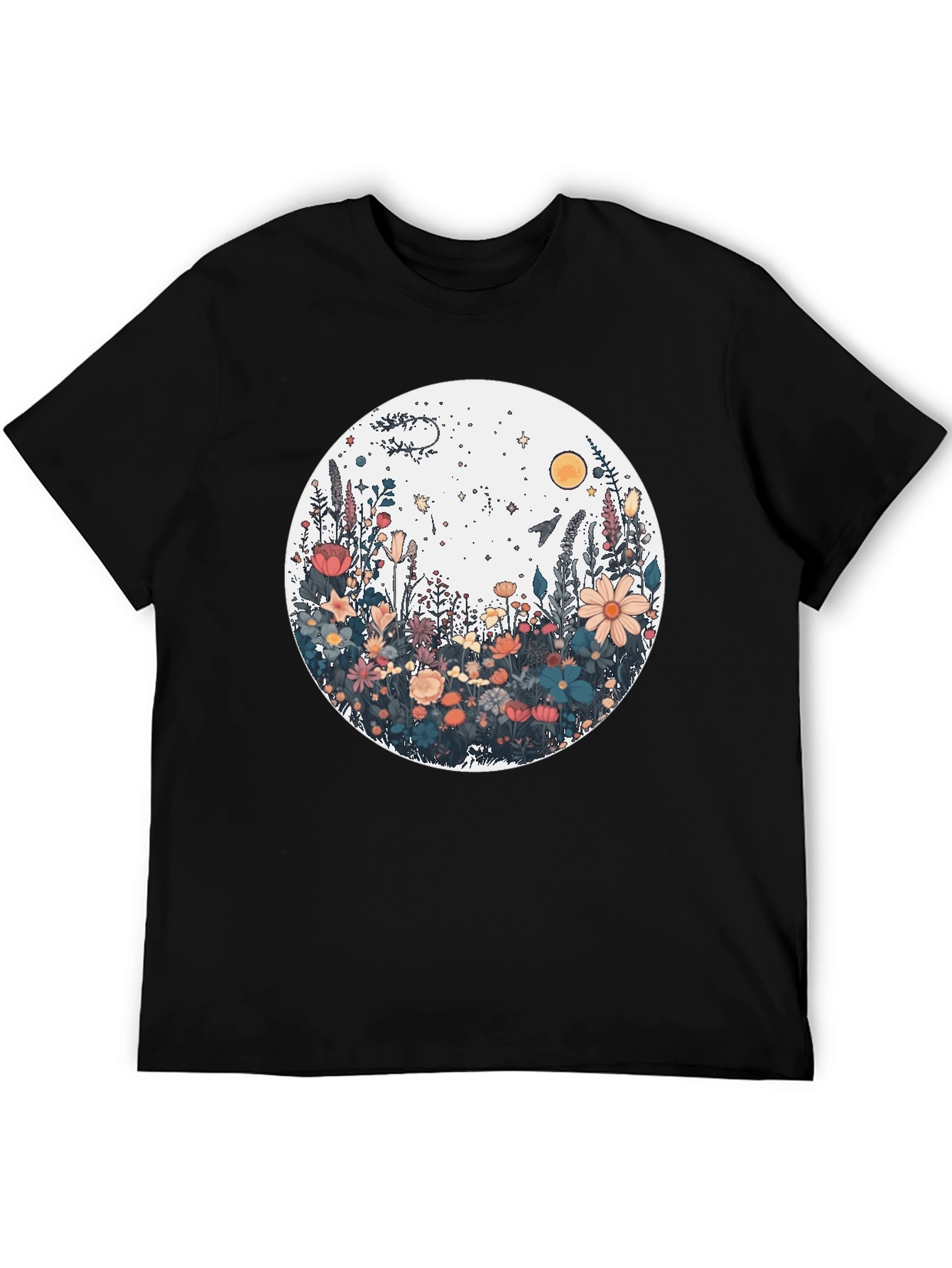 Floral Galaxy Graphic Tee - Stylish Unisex Black T-Shirt