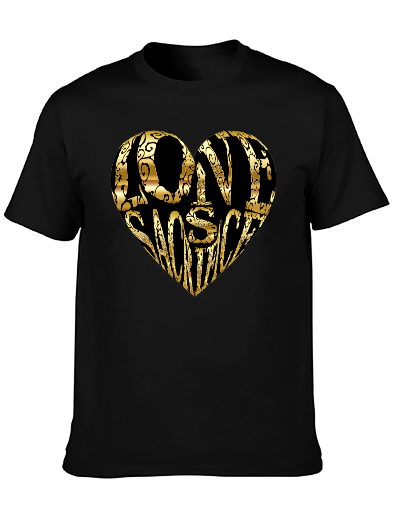 Gold LOVE SHOOTING Heart Black T-Shirt