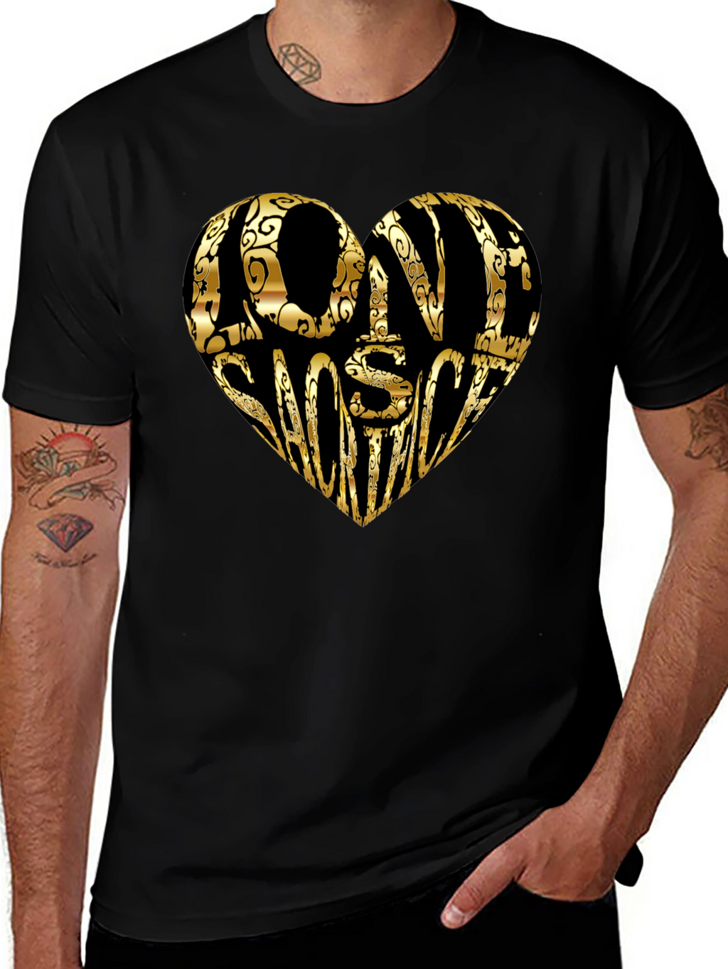 Gold LOVE SHOOTING Heart Black T-Shirt