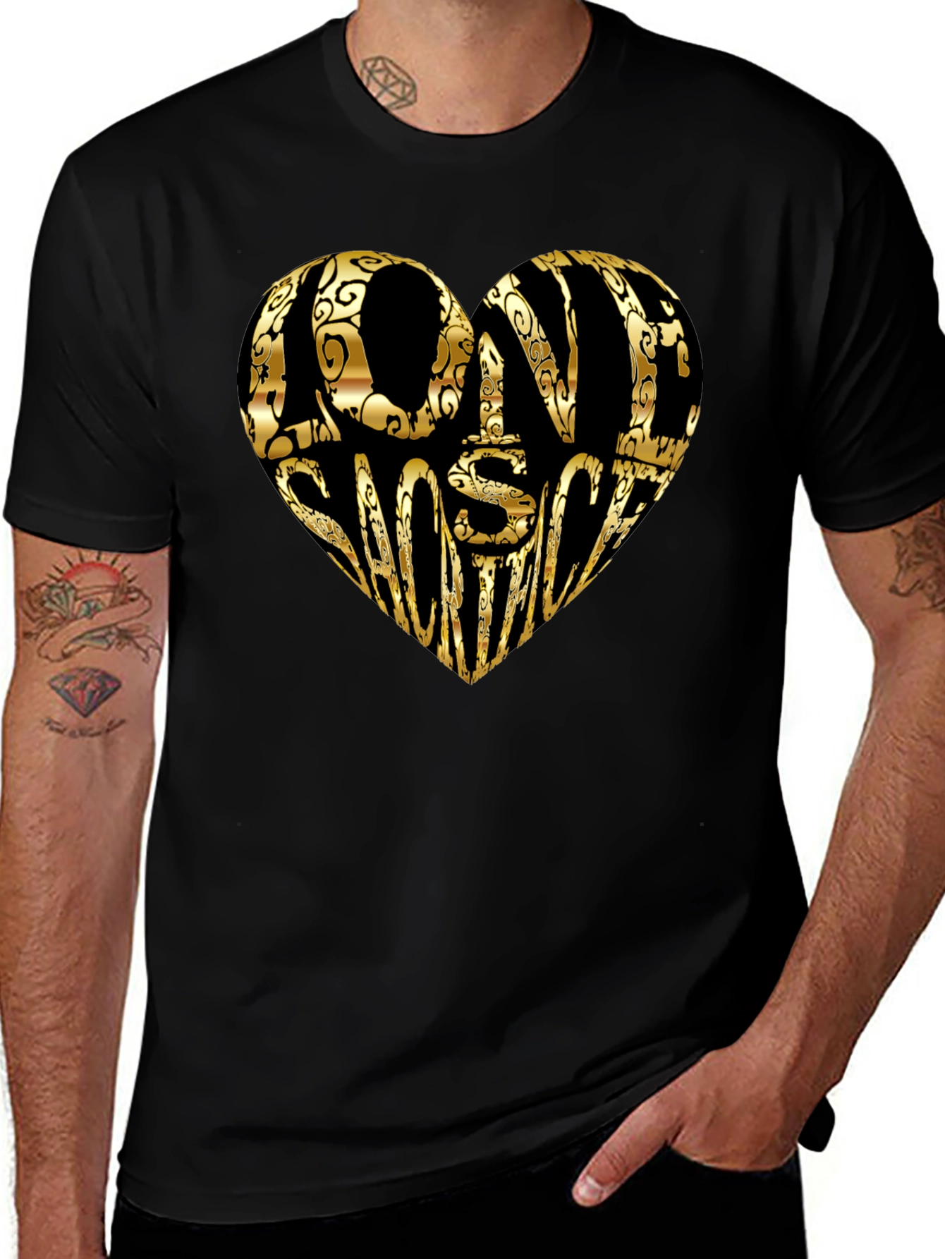 Gold LOVE SHOOTING Heart Black T-Shirt