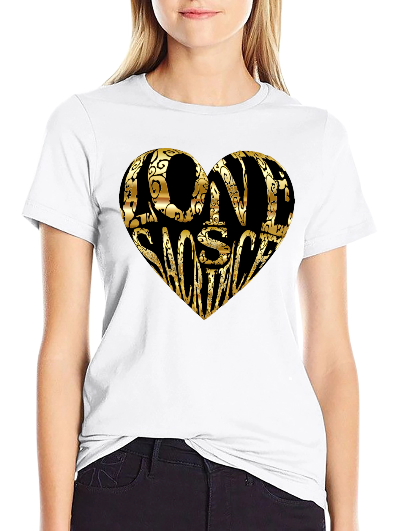 Gold LOVE SHOOTING Heart Black T-Shirt