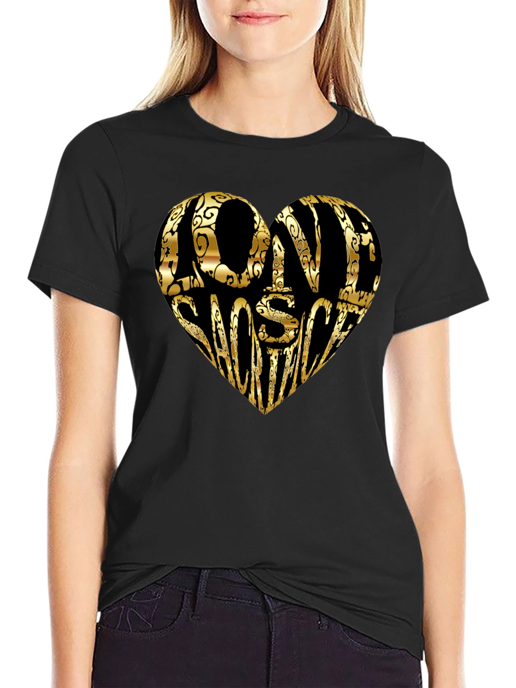 Gold LOVE SHOOTING Heart Black T-Shirt