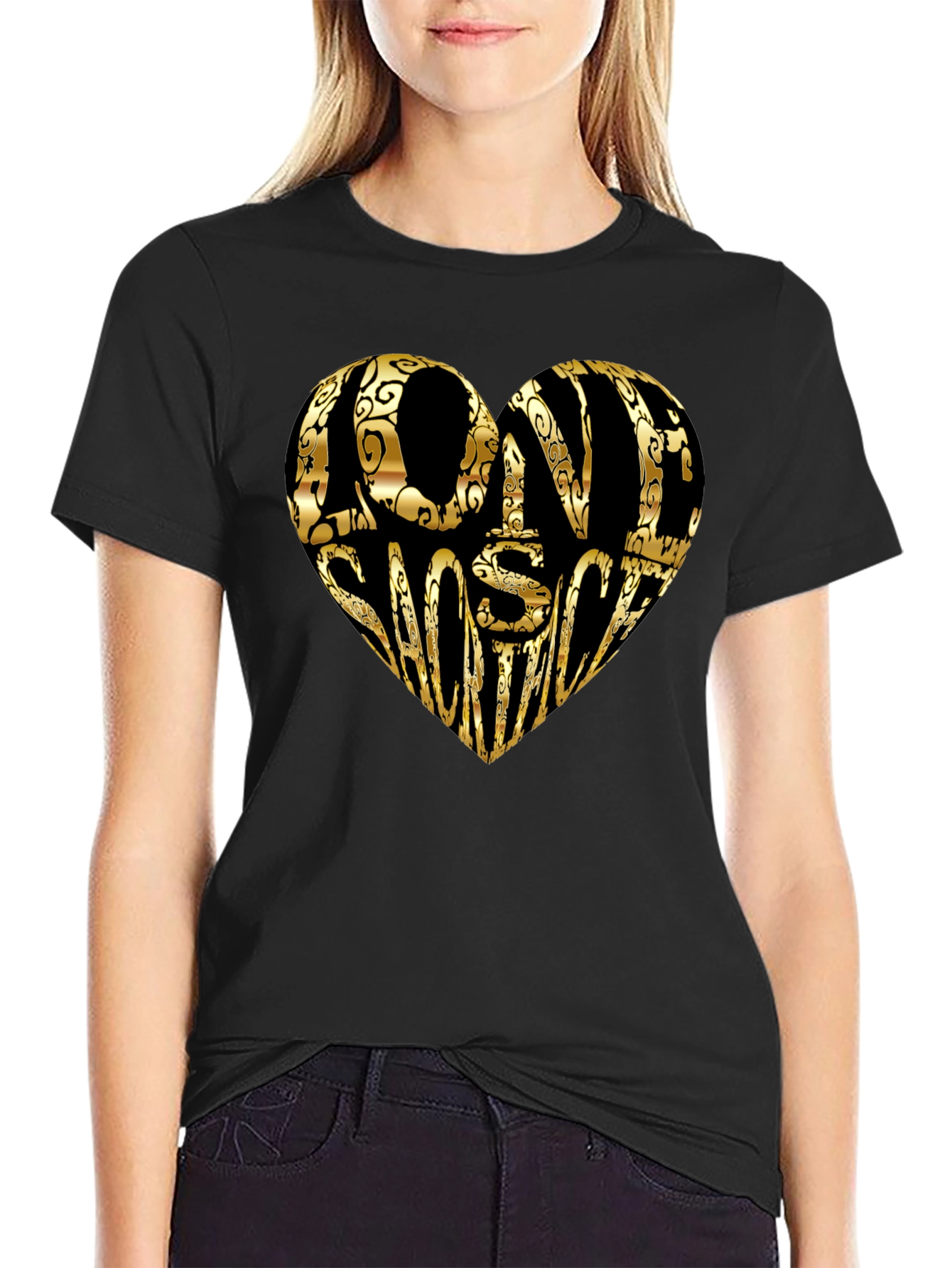 Gold LOVE SHOOTING Heart Black T-Shirt