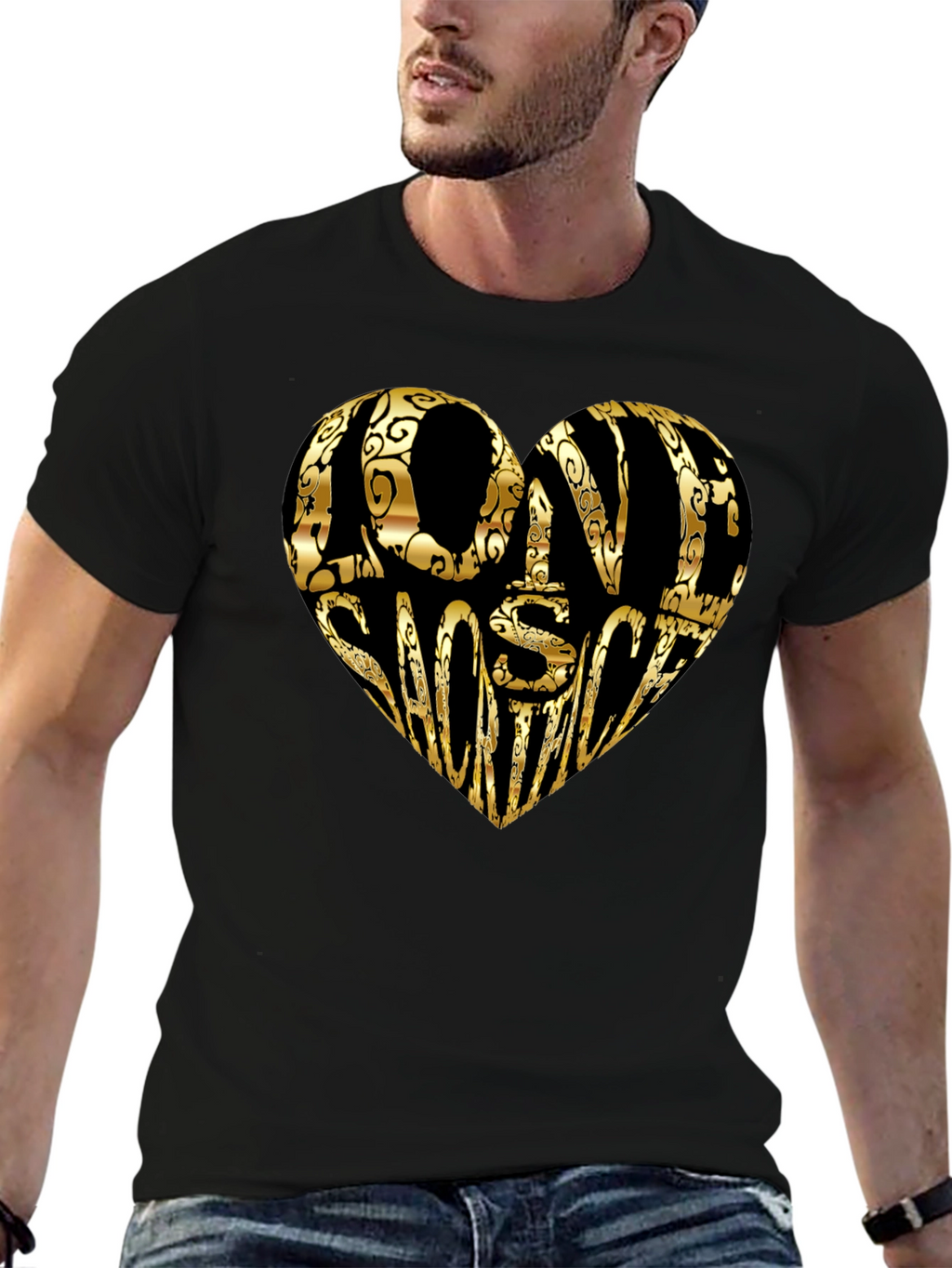 Gold LOVE SHOOTING Heart Black T-Shirt