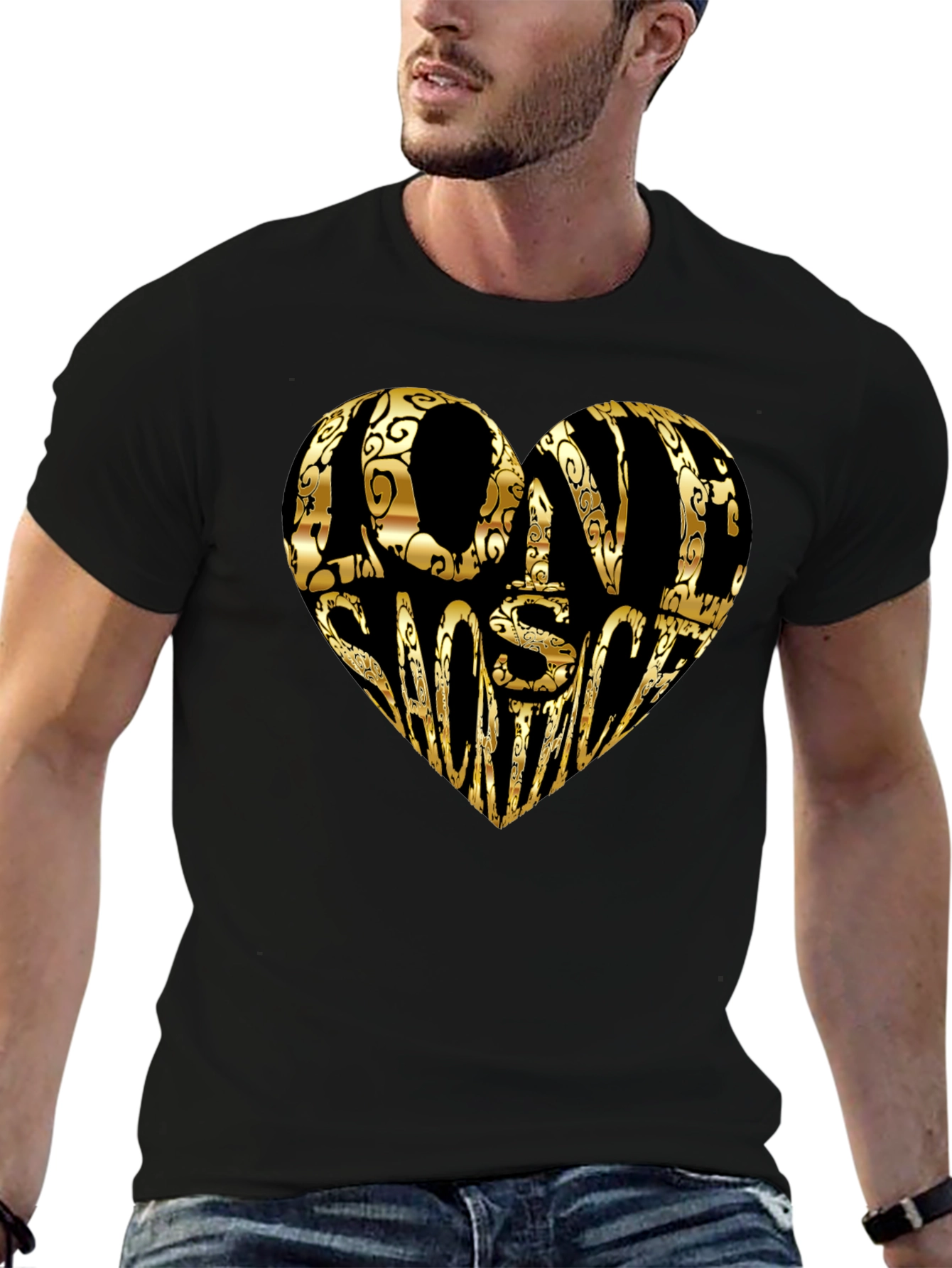 Gold LOVE SHOOTING Heart Black T-Shirt
