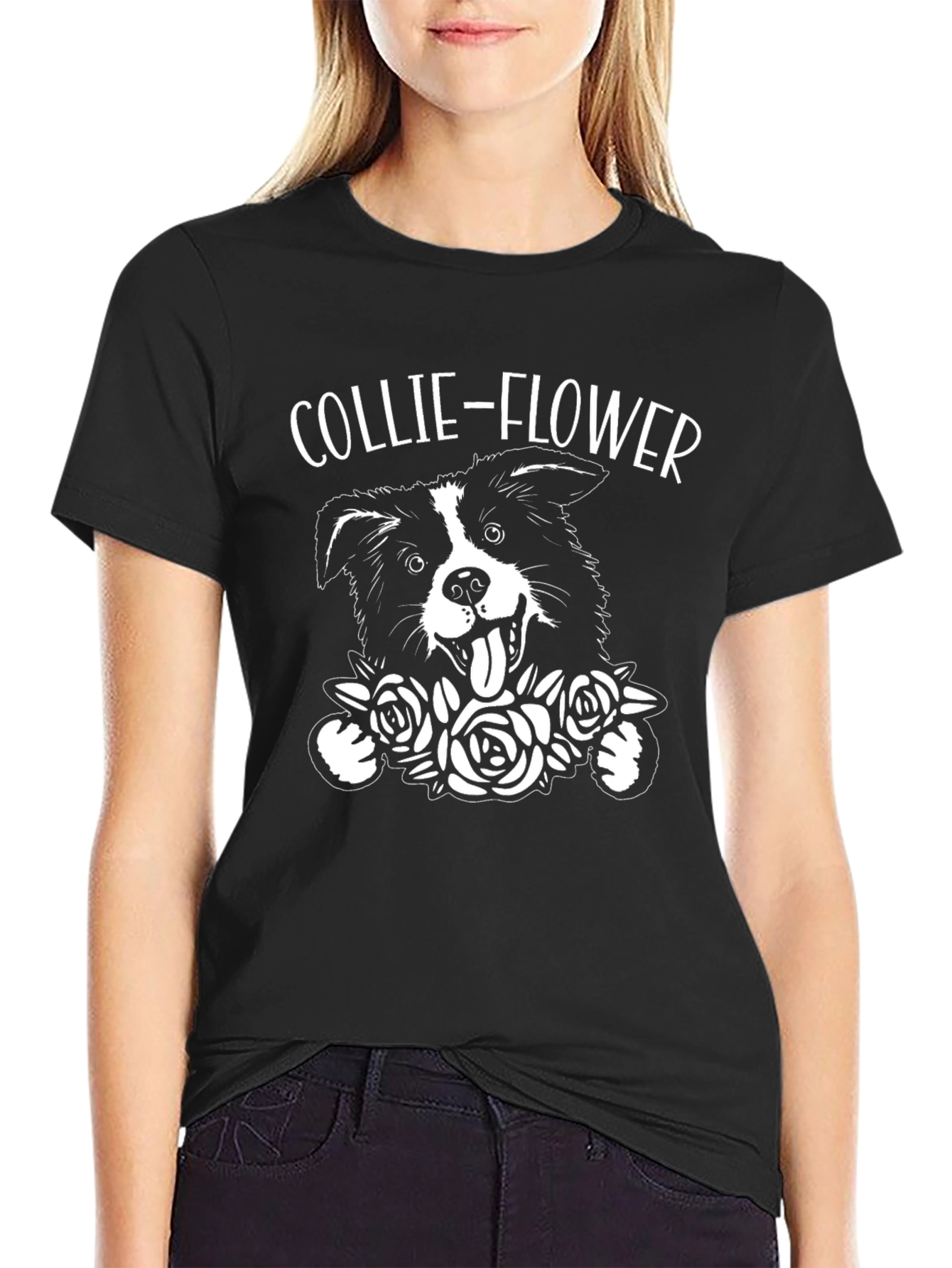 Collie-Flower Graphic T-Shirt - Dog & Floral Design