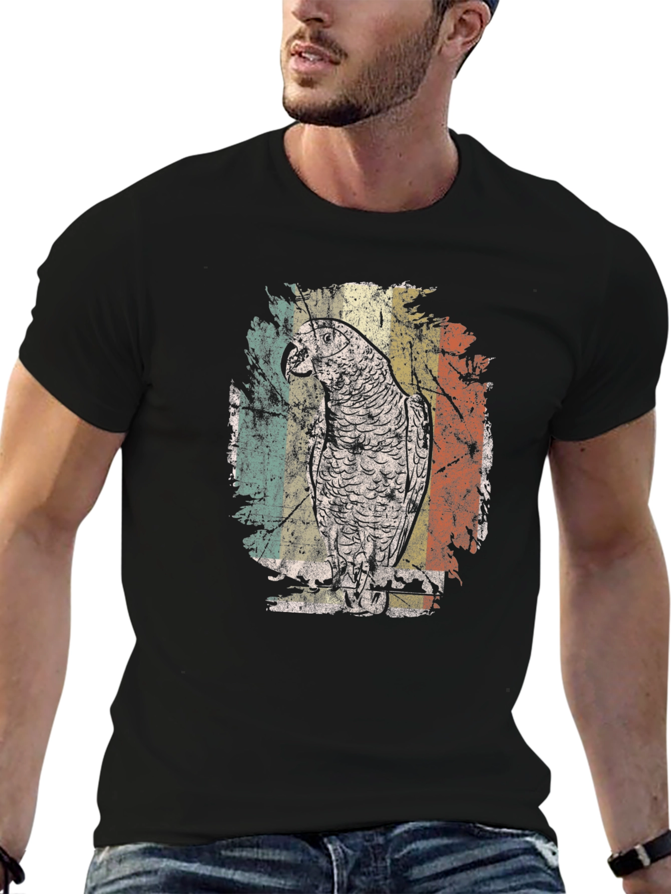 Retro Parrot Graphic Tee - Vintage Style Black T-Shirt