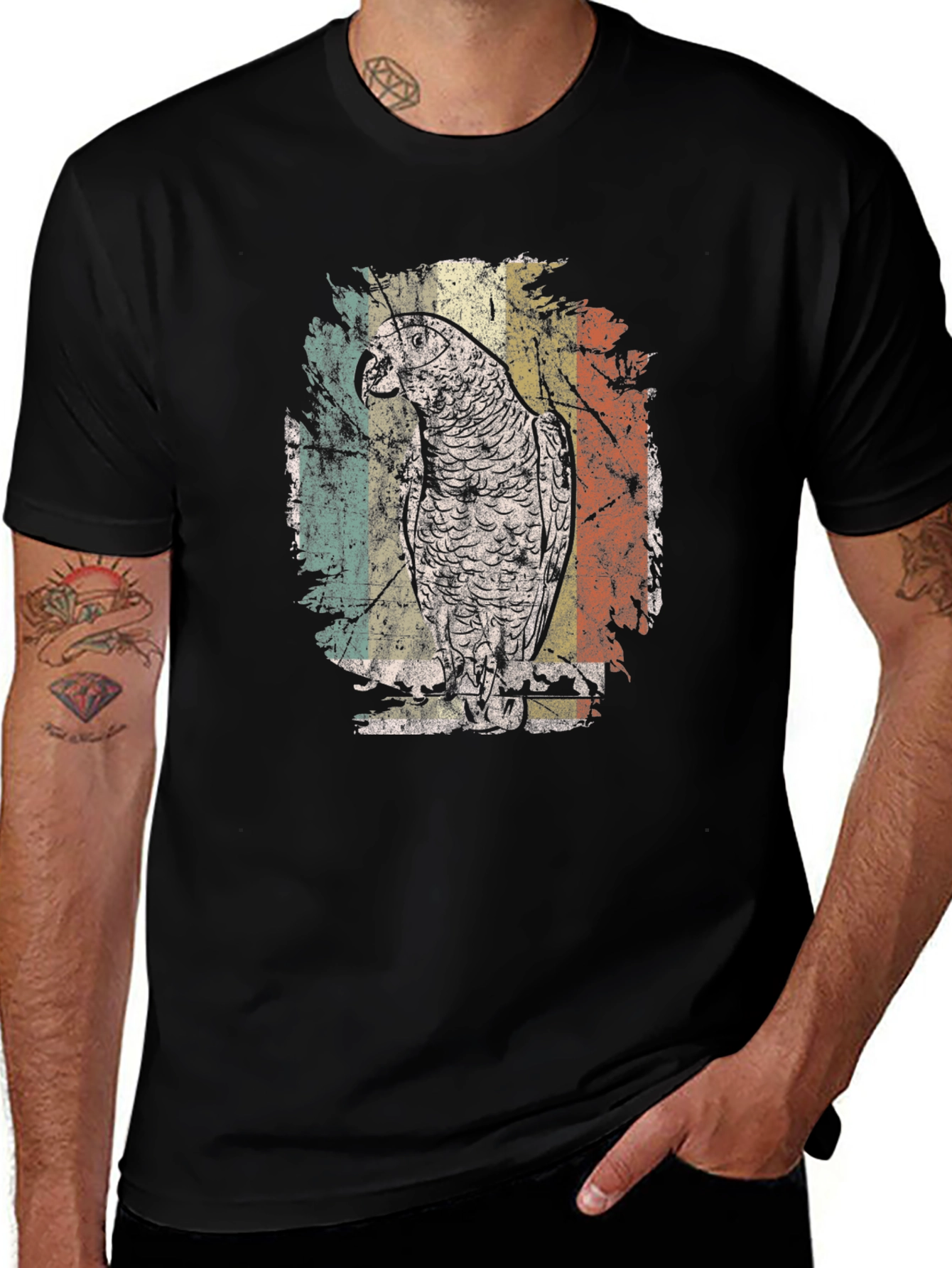 Retro Parrot Graphic Tee - Vintage Style Black T-Shirt