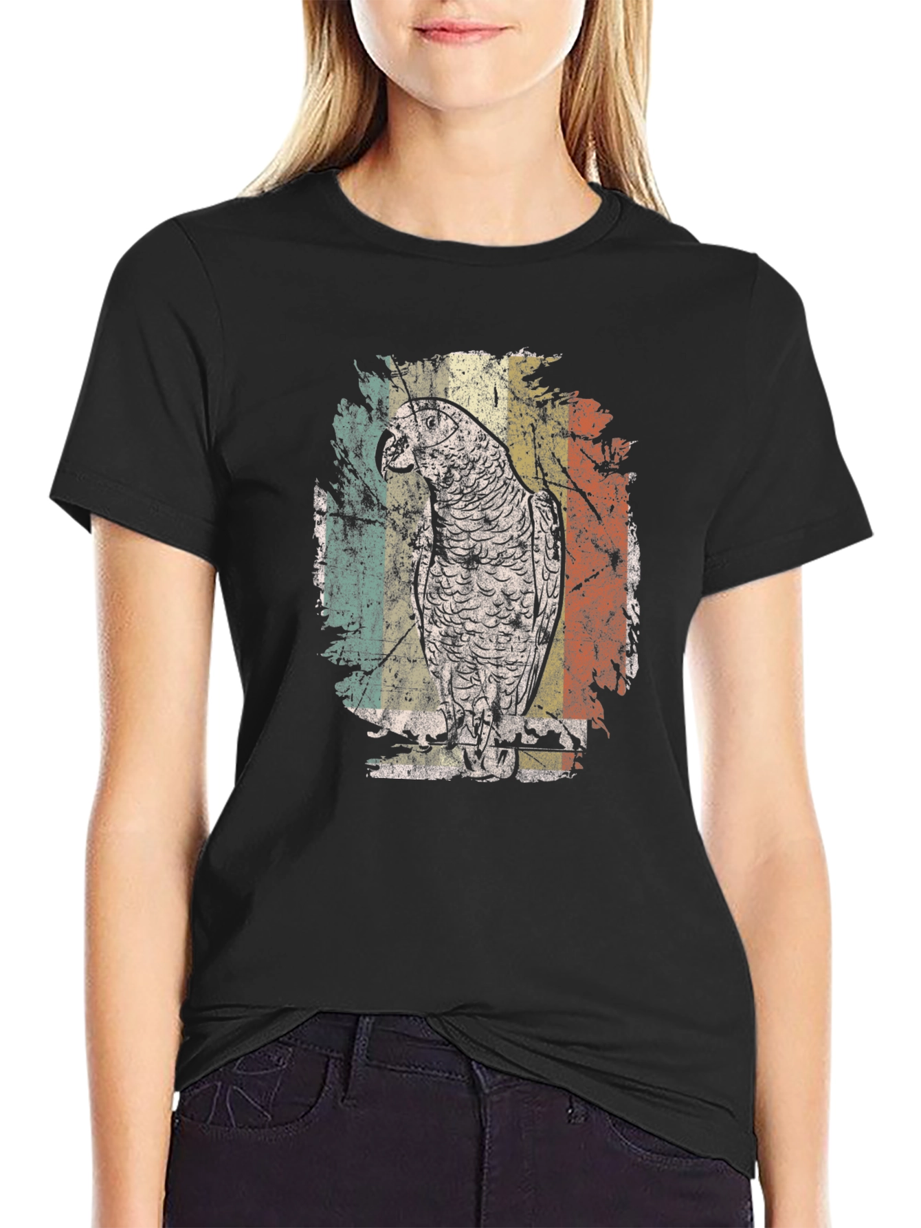 Retro Parrot Graphic Tee - Vintage Style Black T-Shirt