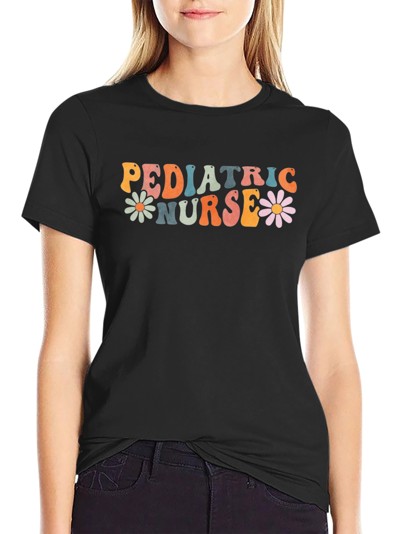 Pediatric Nurse Graphic Tee Retro Daisy Flower Black T-Shirt
