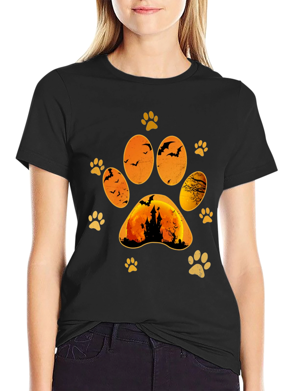 Halloween Cat Paw Print T-Shirt