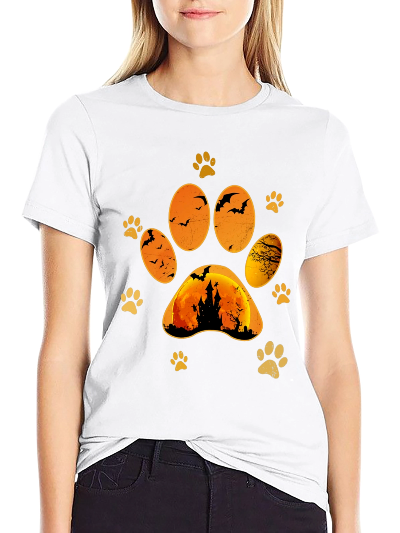 Halloween Cat Paw Print T-Shirt