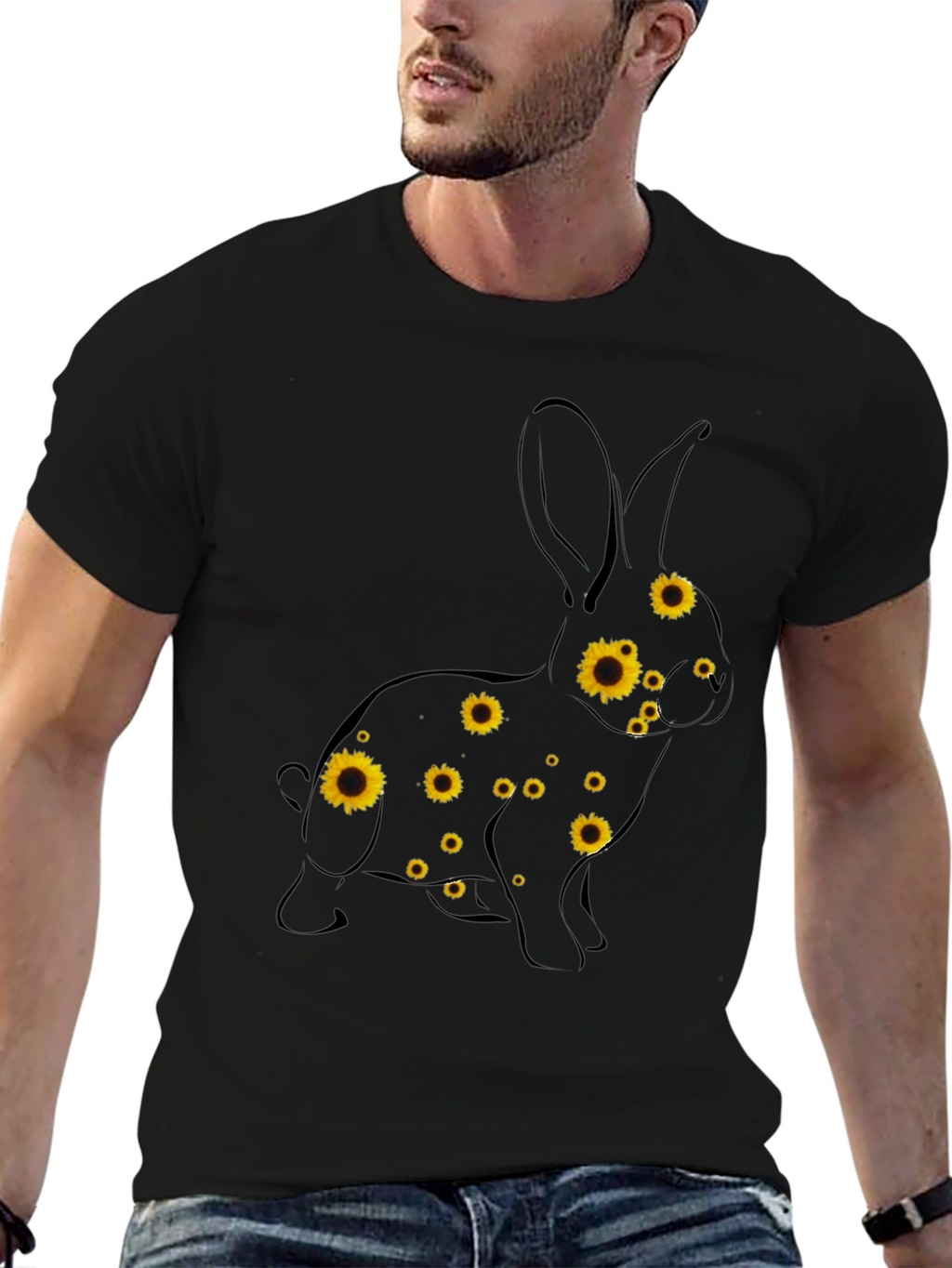 Sunflower Bunny Graphic Tee - Black Cotton T-Shirt