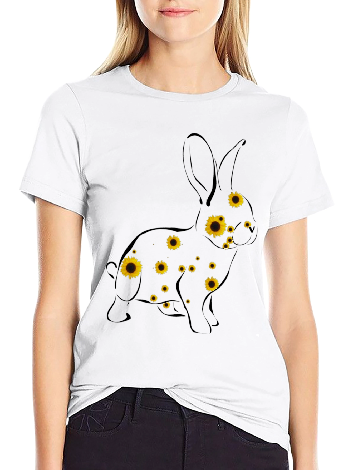 Sunflower Bunny Graphic Tee - Black Cotton T-Shirt