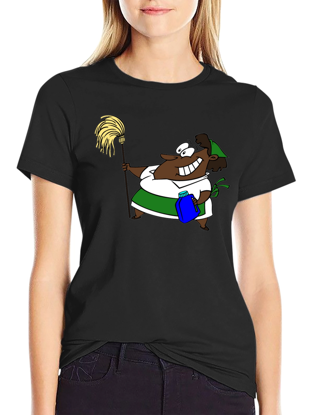 Cartoon Cleaning Lady Black T-Shirt