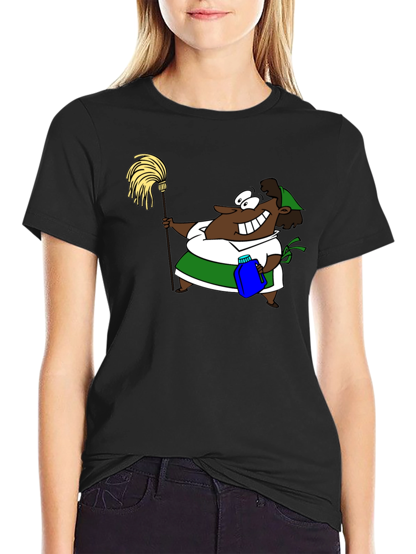 Cartoon Cleaning Lady Black T-Shirt