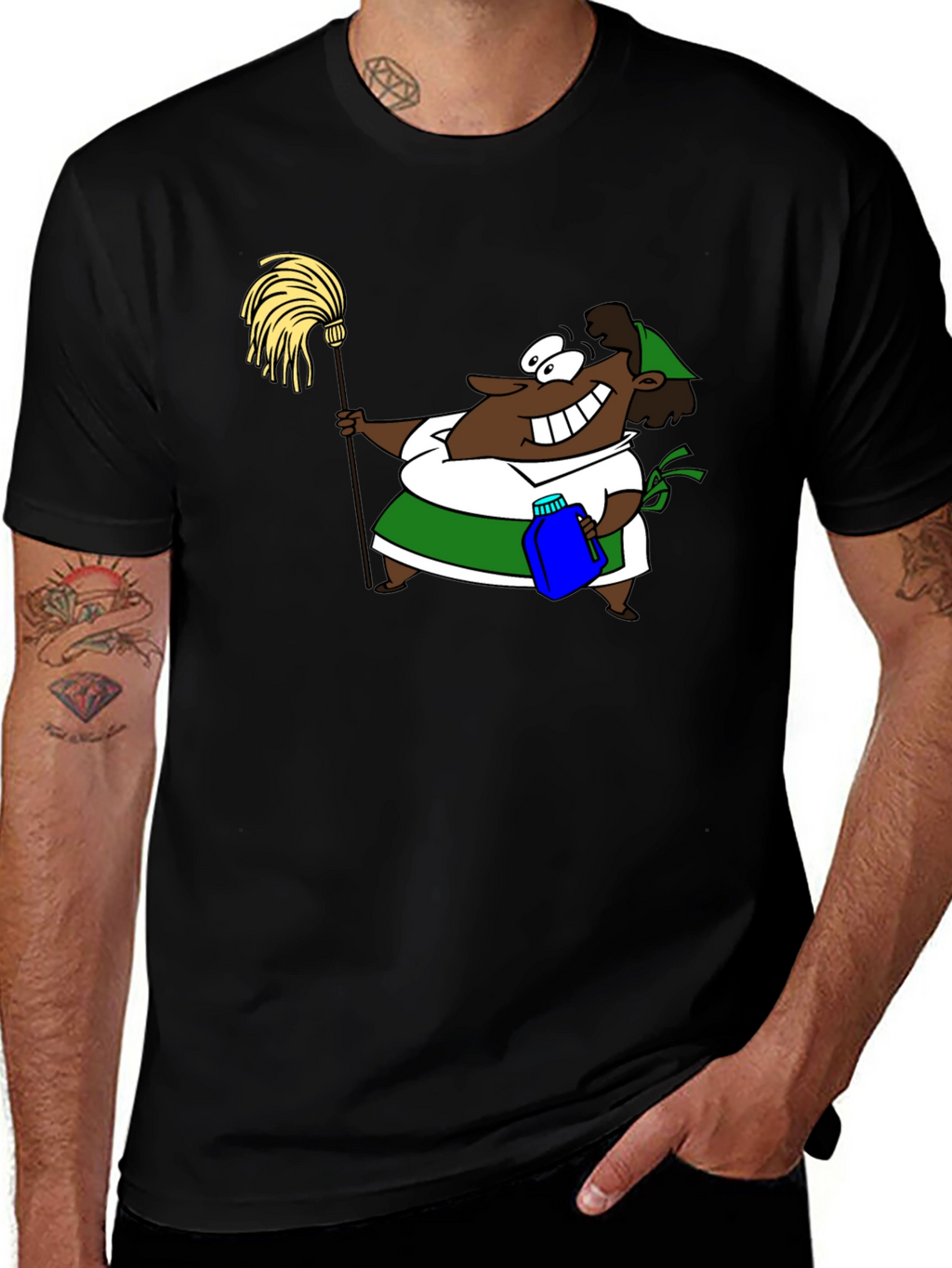 Cartoon Cleaning Lady Black T-Shirt