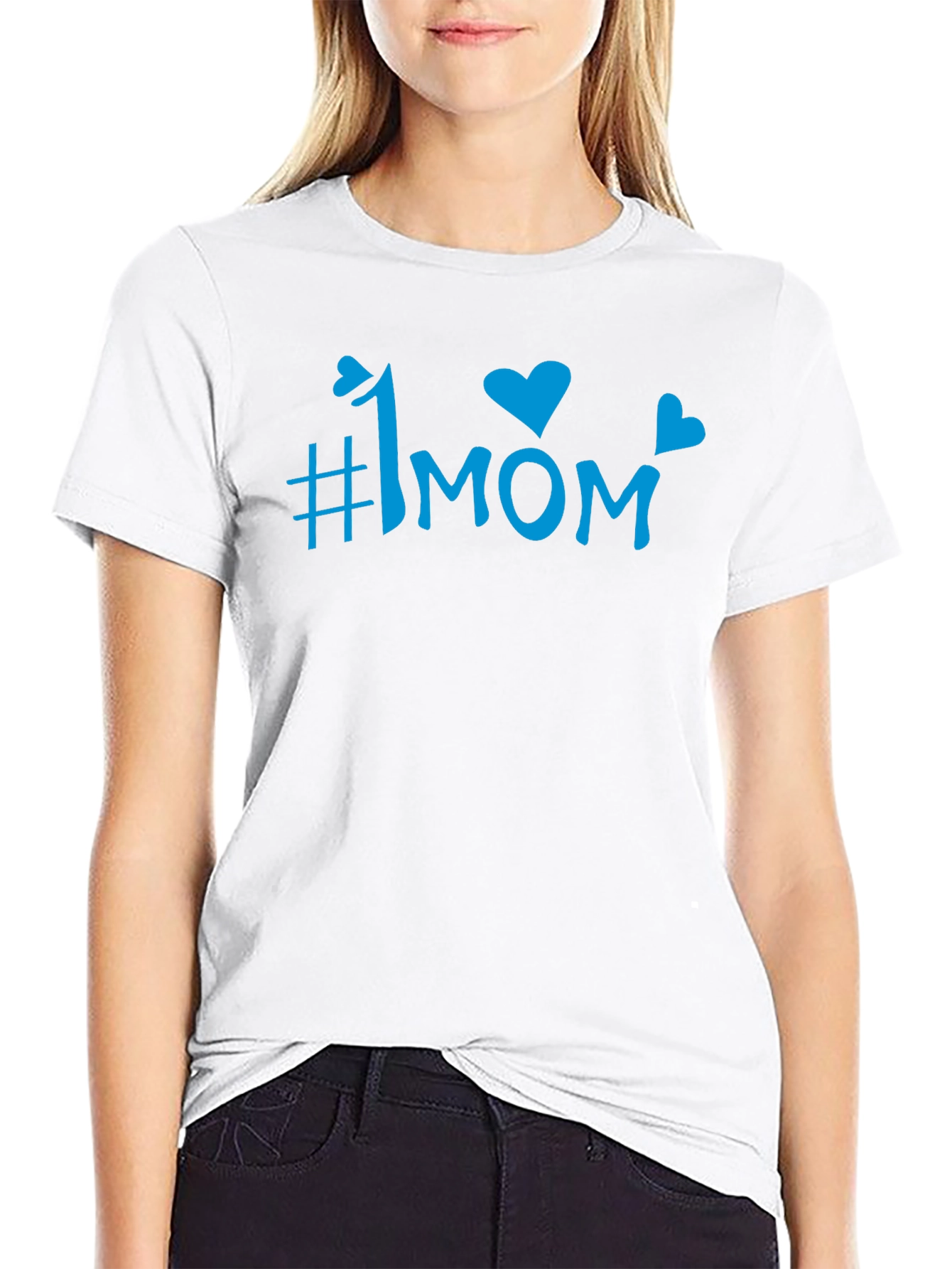 #1 Mom Blue Graphic Print Black T-Shirt