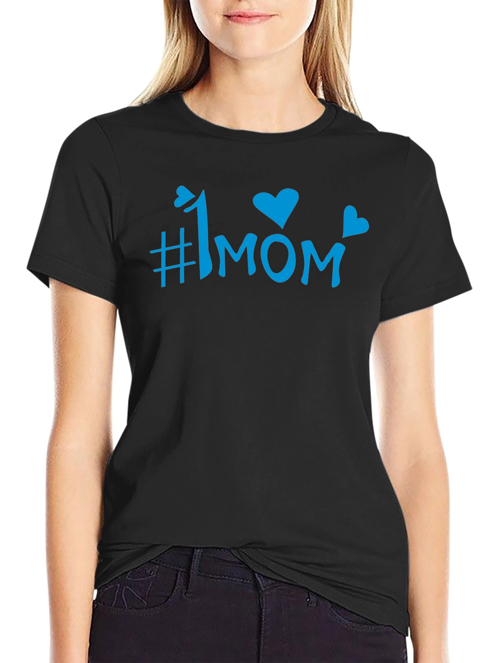 #1 Mom Blue Graphic Print Black T-Shirt