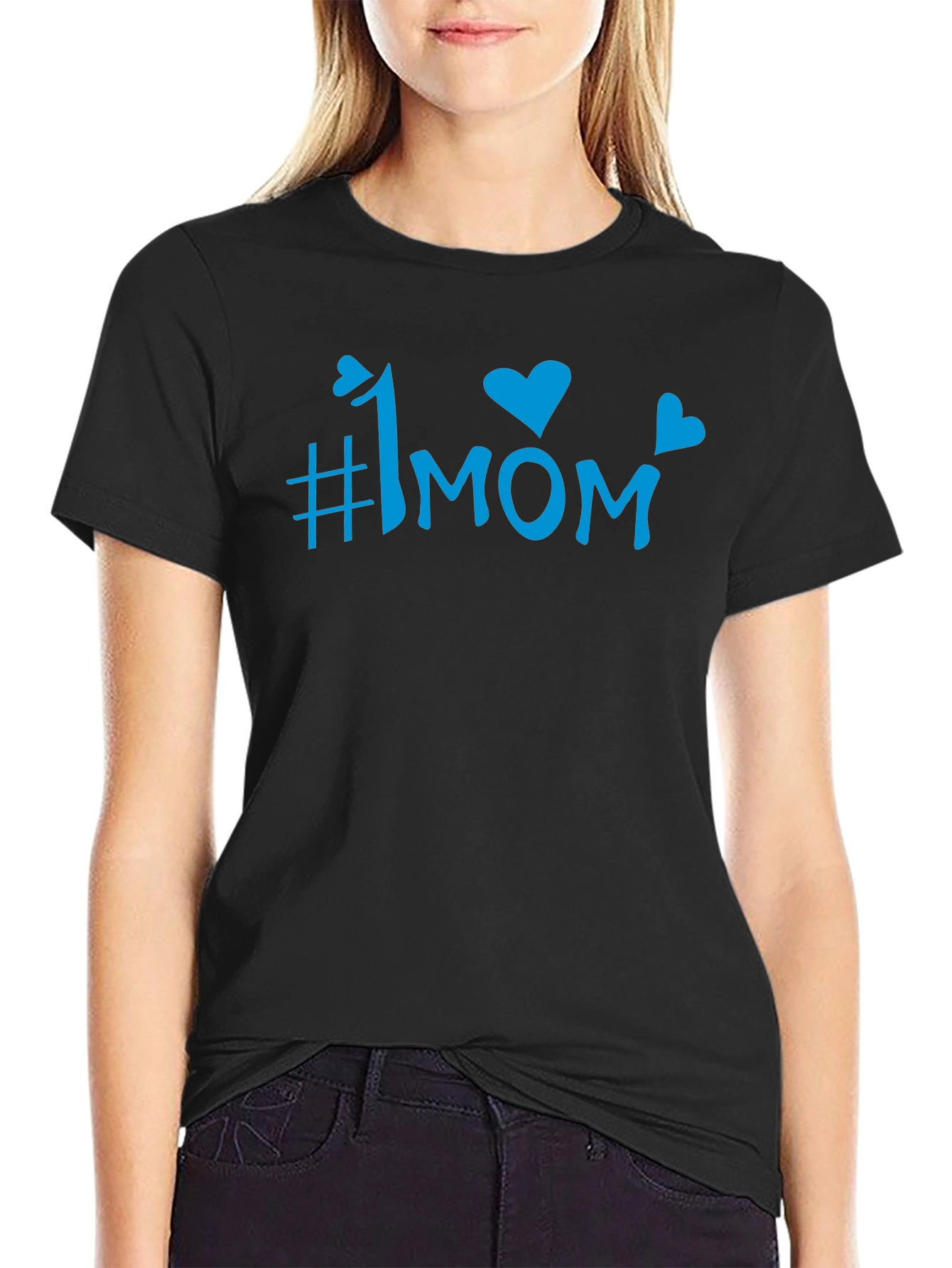 #1 Mom Blue Graphic Print Black T-Shirt