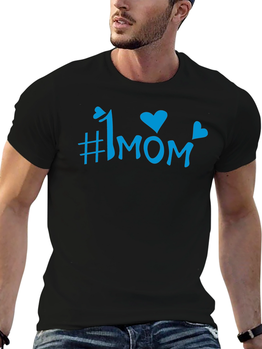 #1 Mom Blue Graphic Print Black T-Shirt
