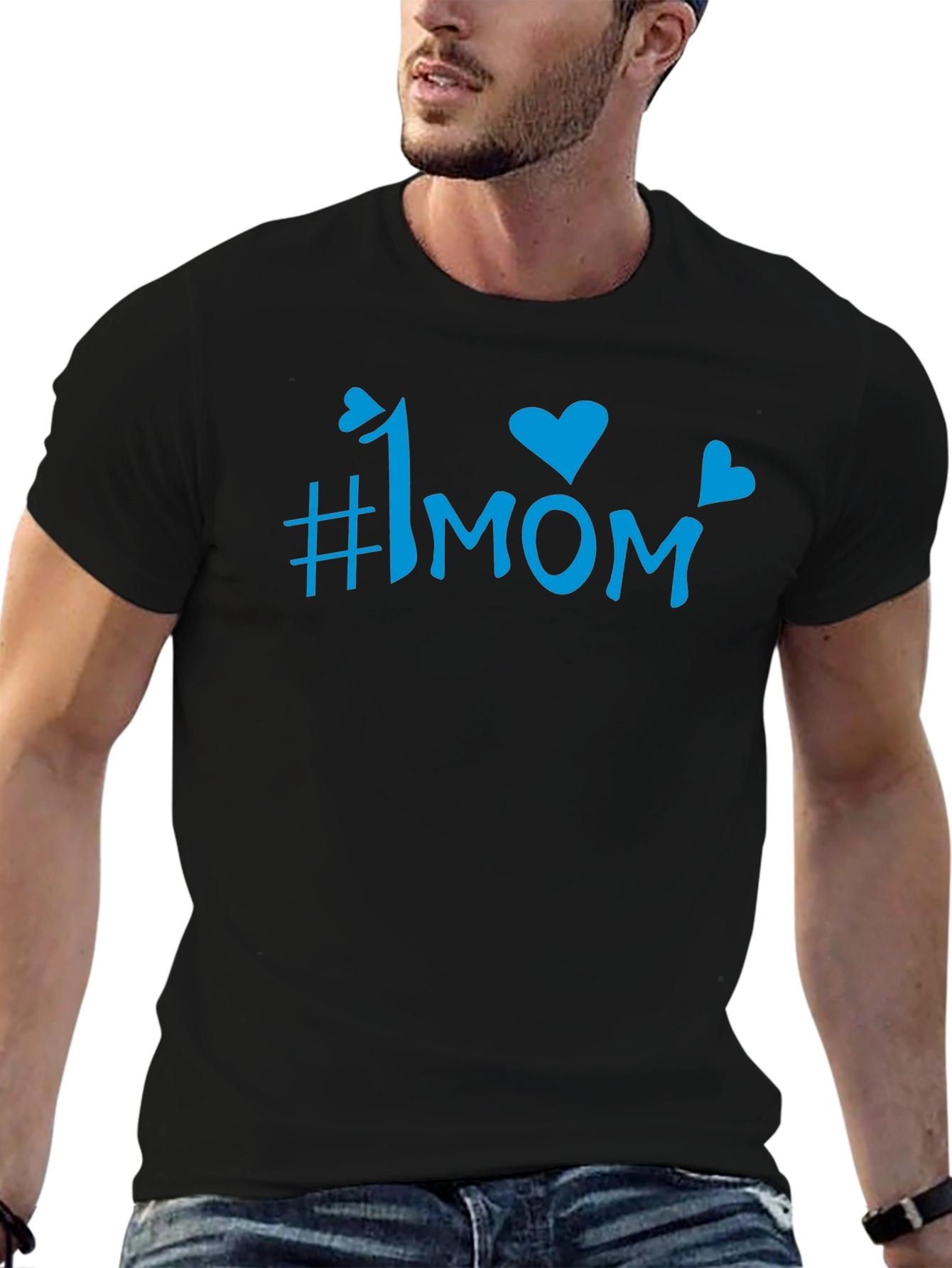 #1 Mom Blue Graphic Print Black T-Shirt
