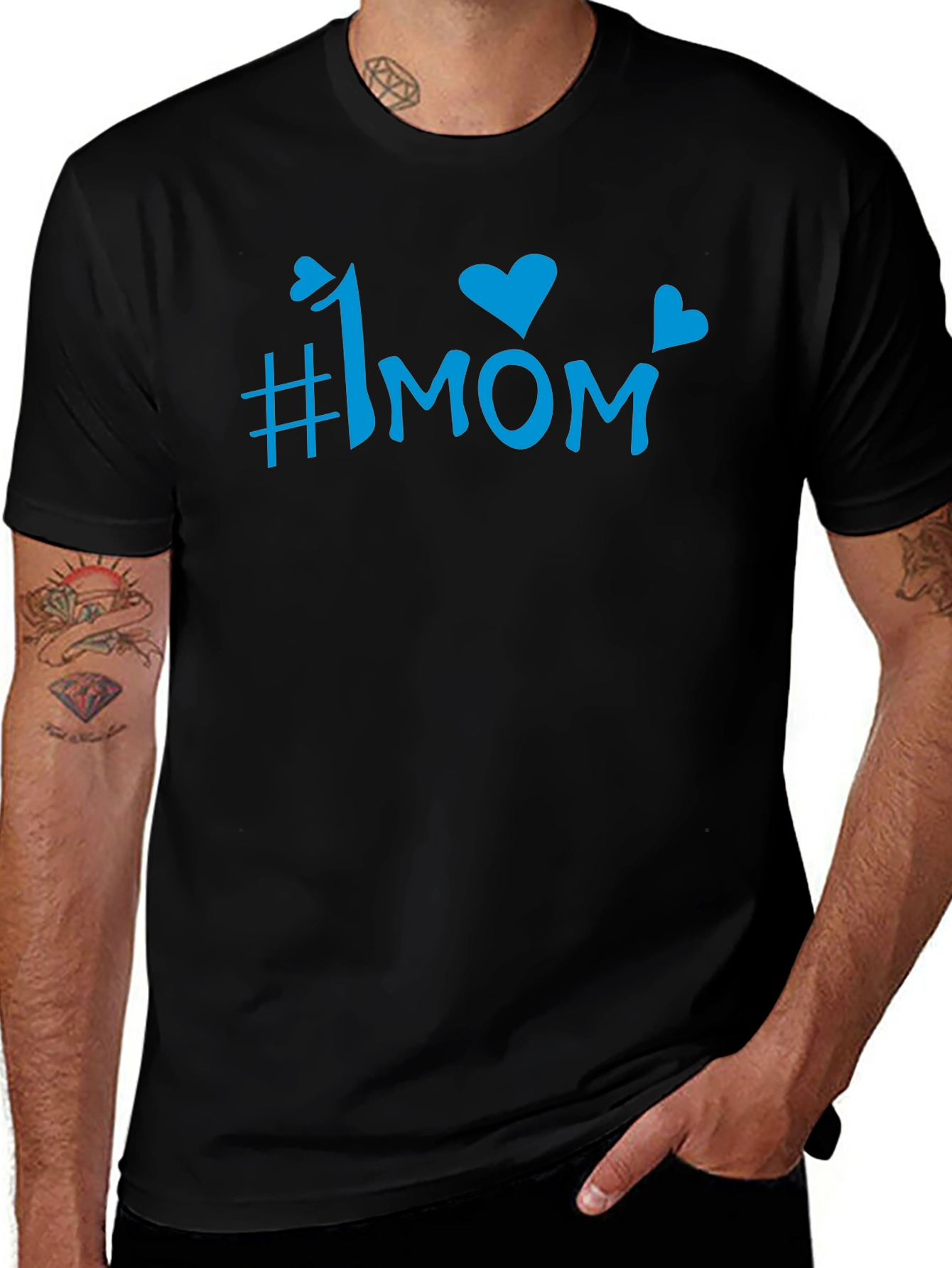 #1 Mom Blue Graphic Print Black T-Shirt
