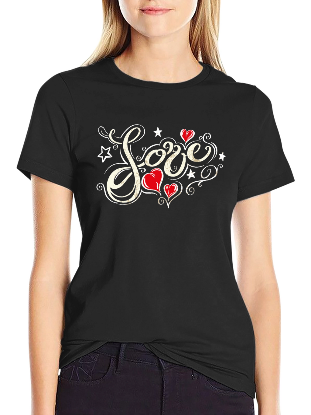 Love Heart Star Graphic T-Shirt - Black