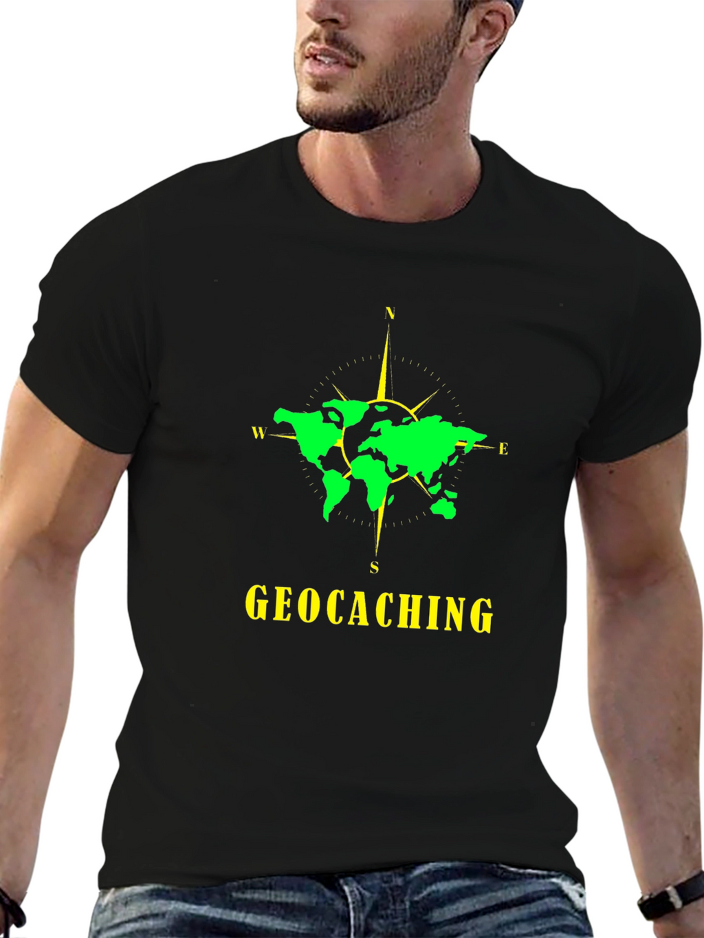 Geocaching World Map Compass Black T-Shirt