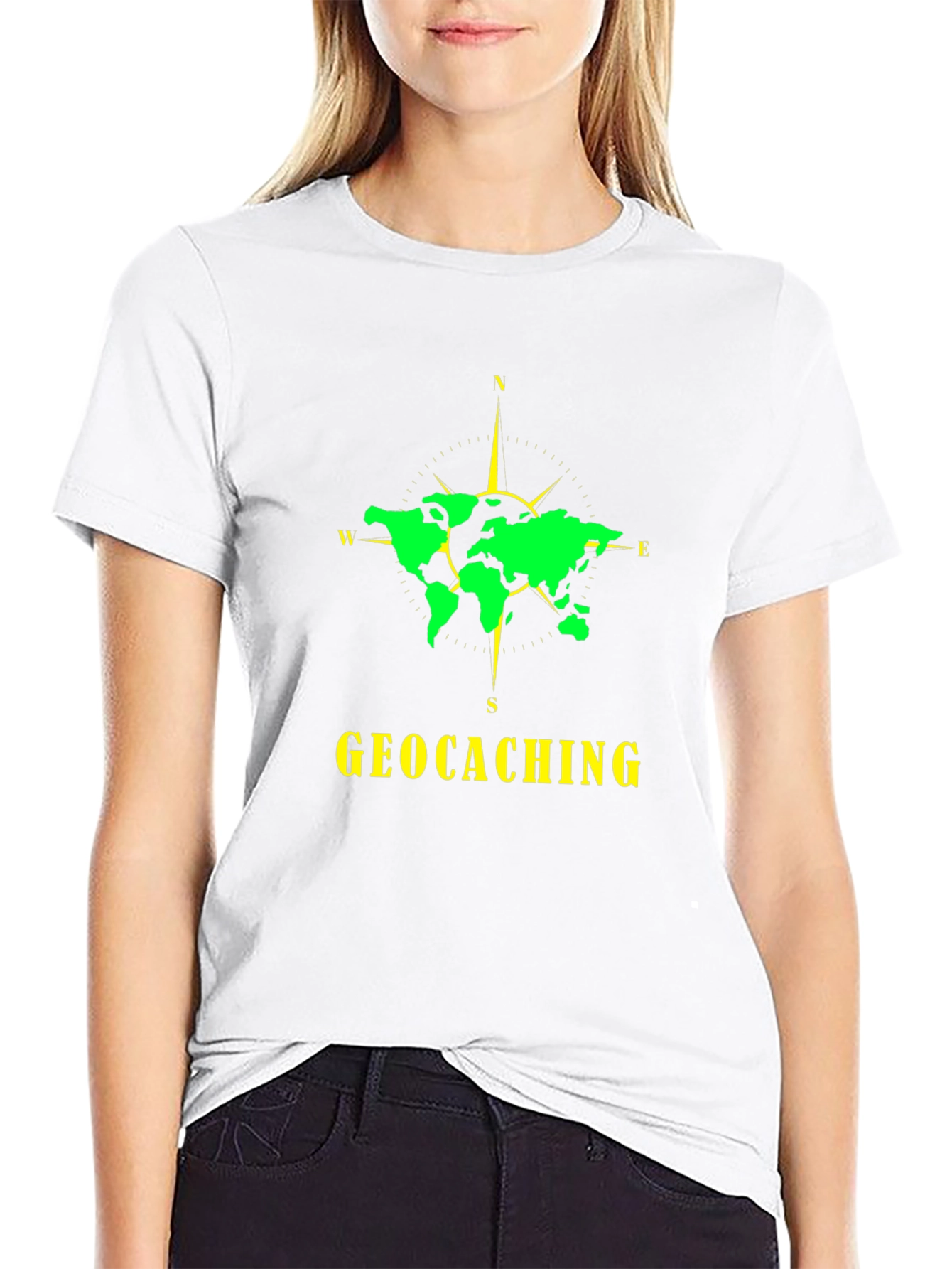 Geocaching World Map Compass Black T-Shirt