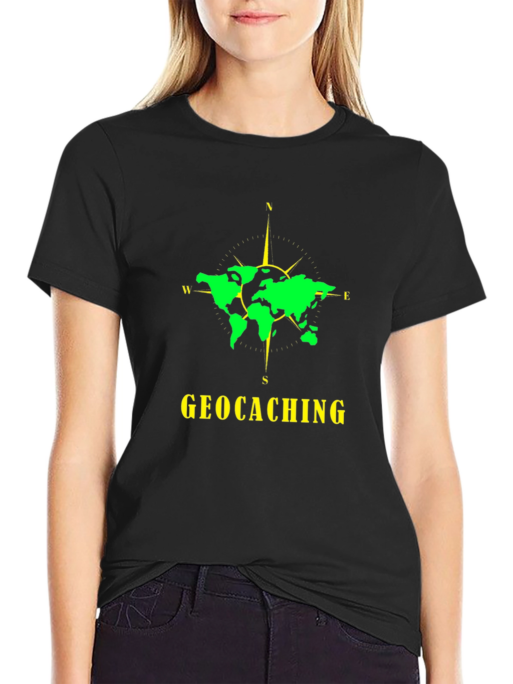 Geocaching World Map Compass Black T-Shirt