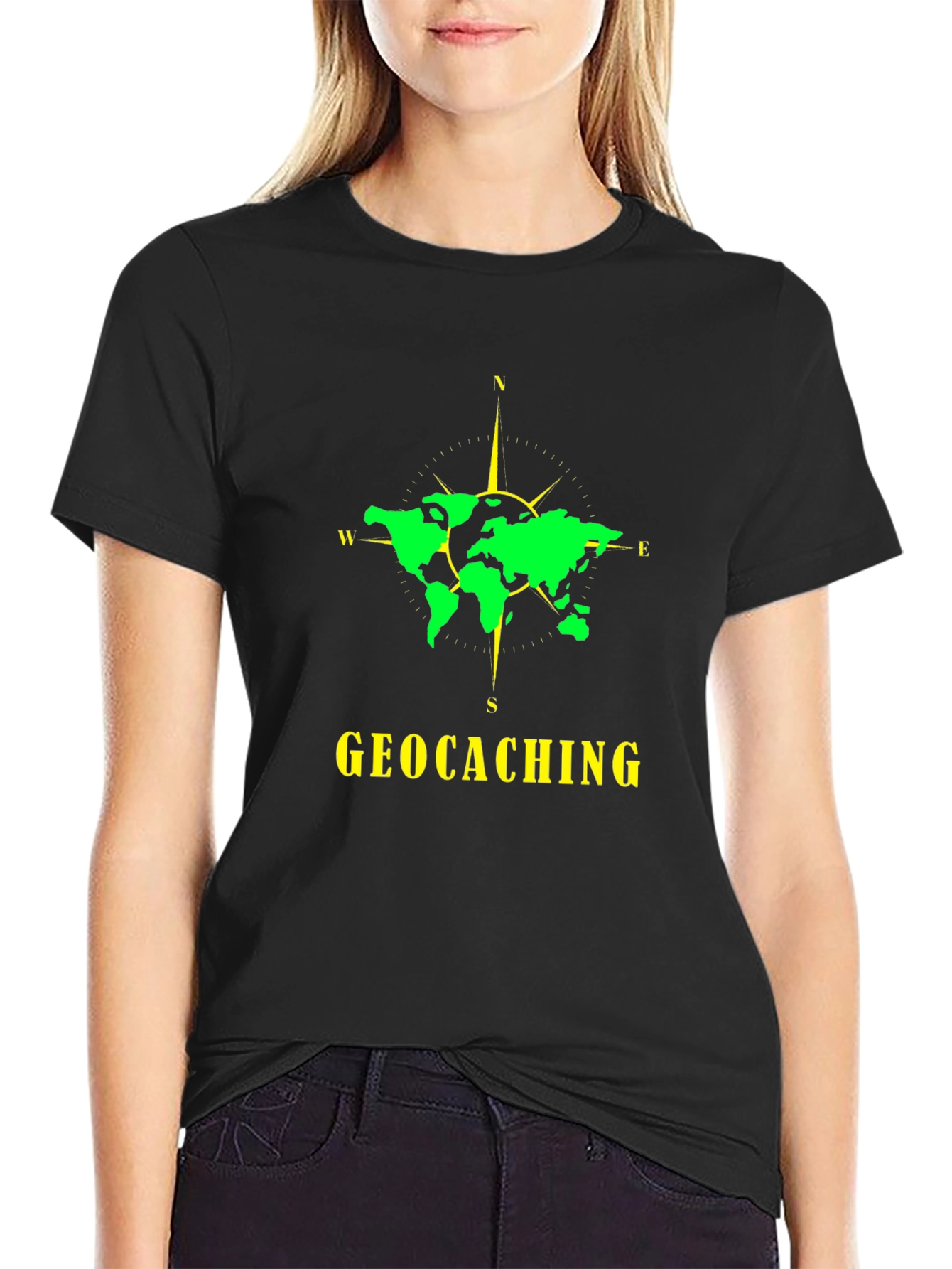 Geocaching World Map Compass Black T-Shirt
