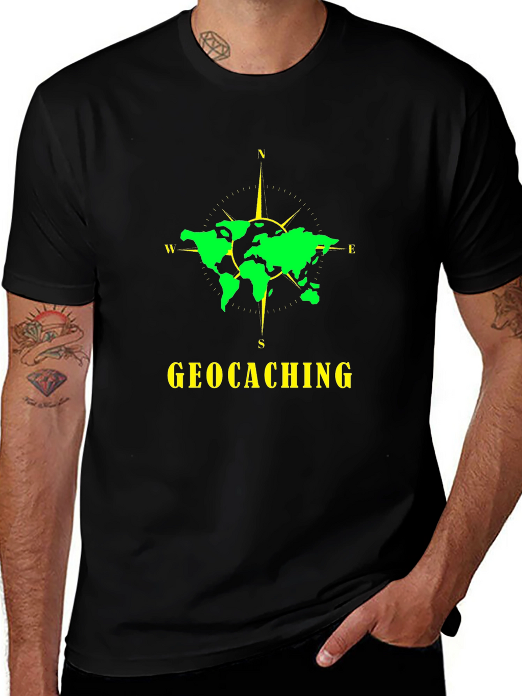 Geocaching World Map Compass Black T-Shirt