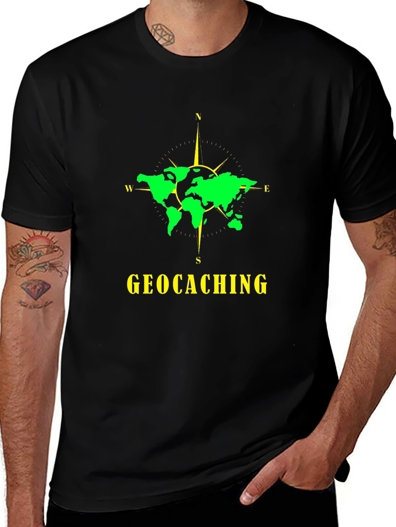 Geocaching World Map Compass Black T-Shirt