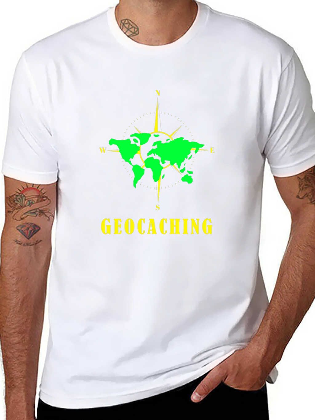 Geocaching World Map Compass Black T-Shirt