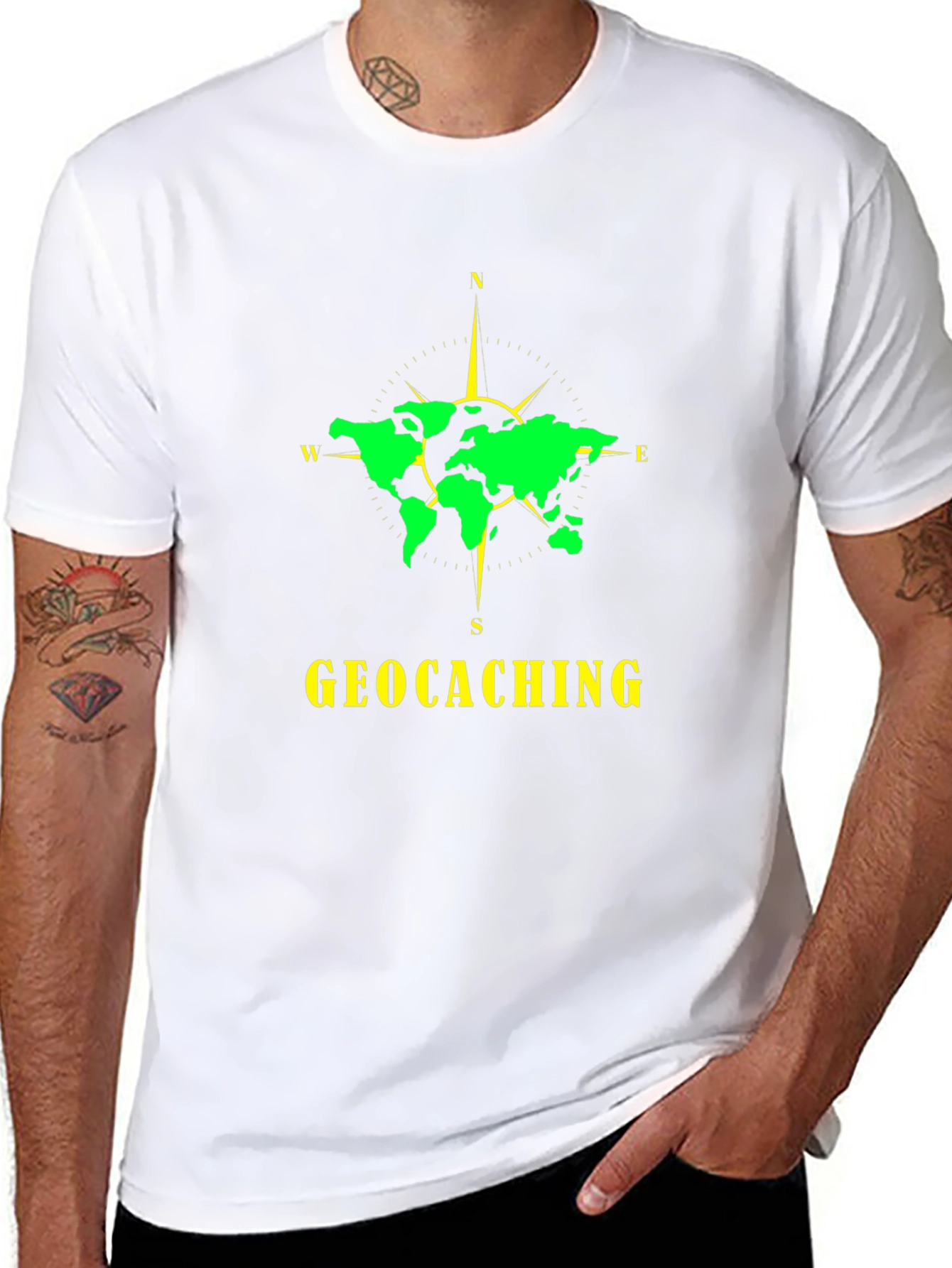Geocaching World Map Compass Black T-Shirt