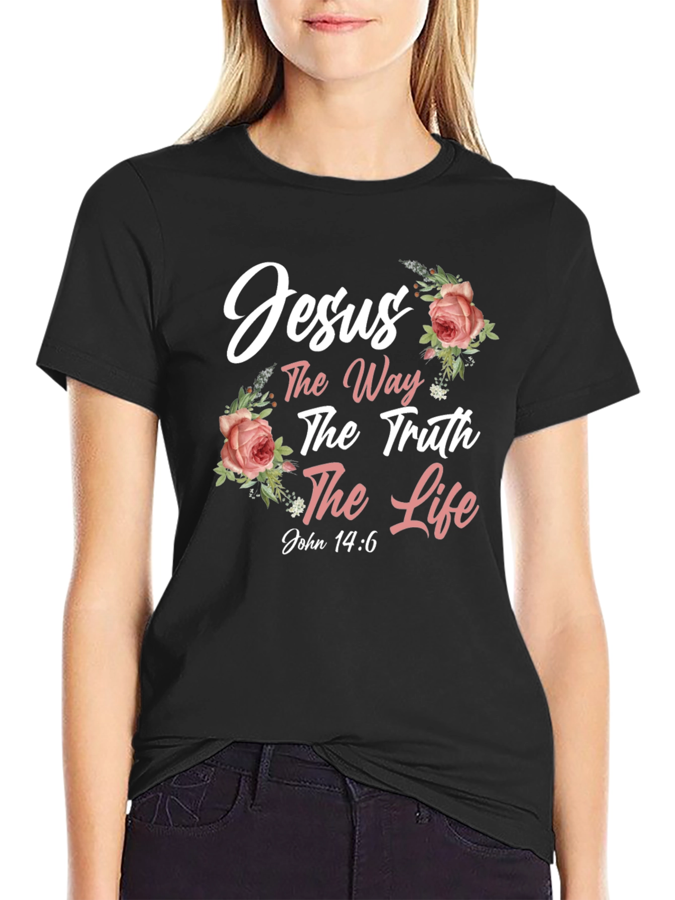 Jesus The Way Truth Life Black Floral T-Shirt