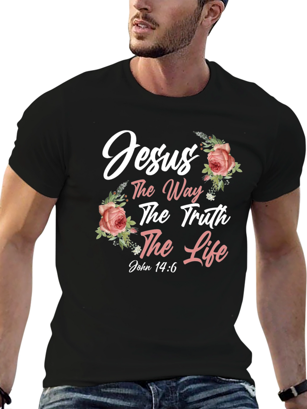 Jesus The Way Truth Life Black Floral T-Shirt