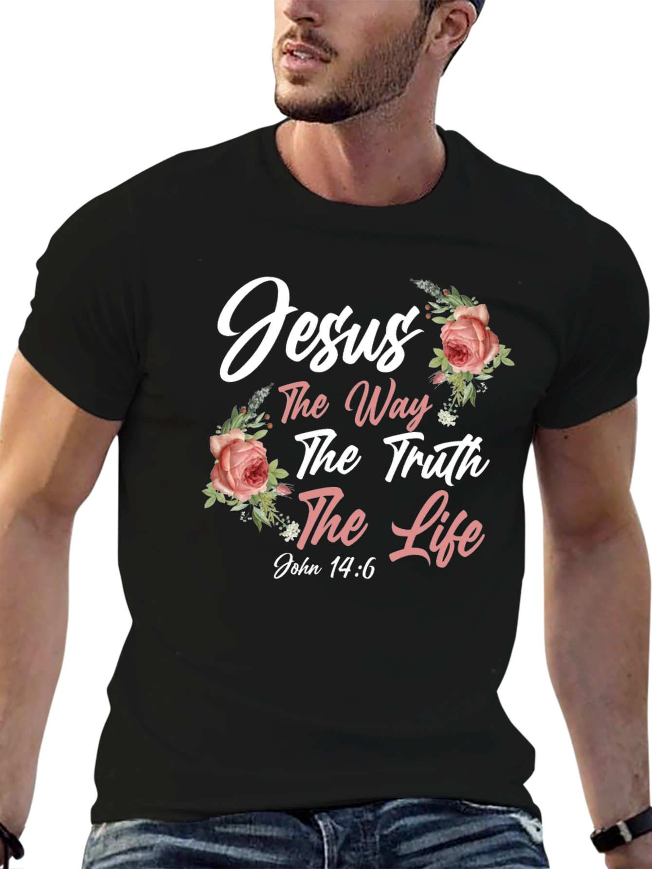 Jesus The Way Truth Life Black Floral T-Shirt